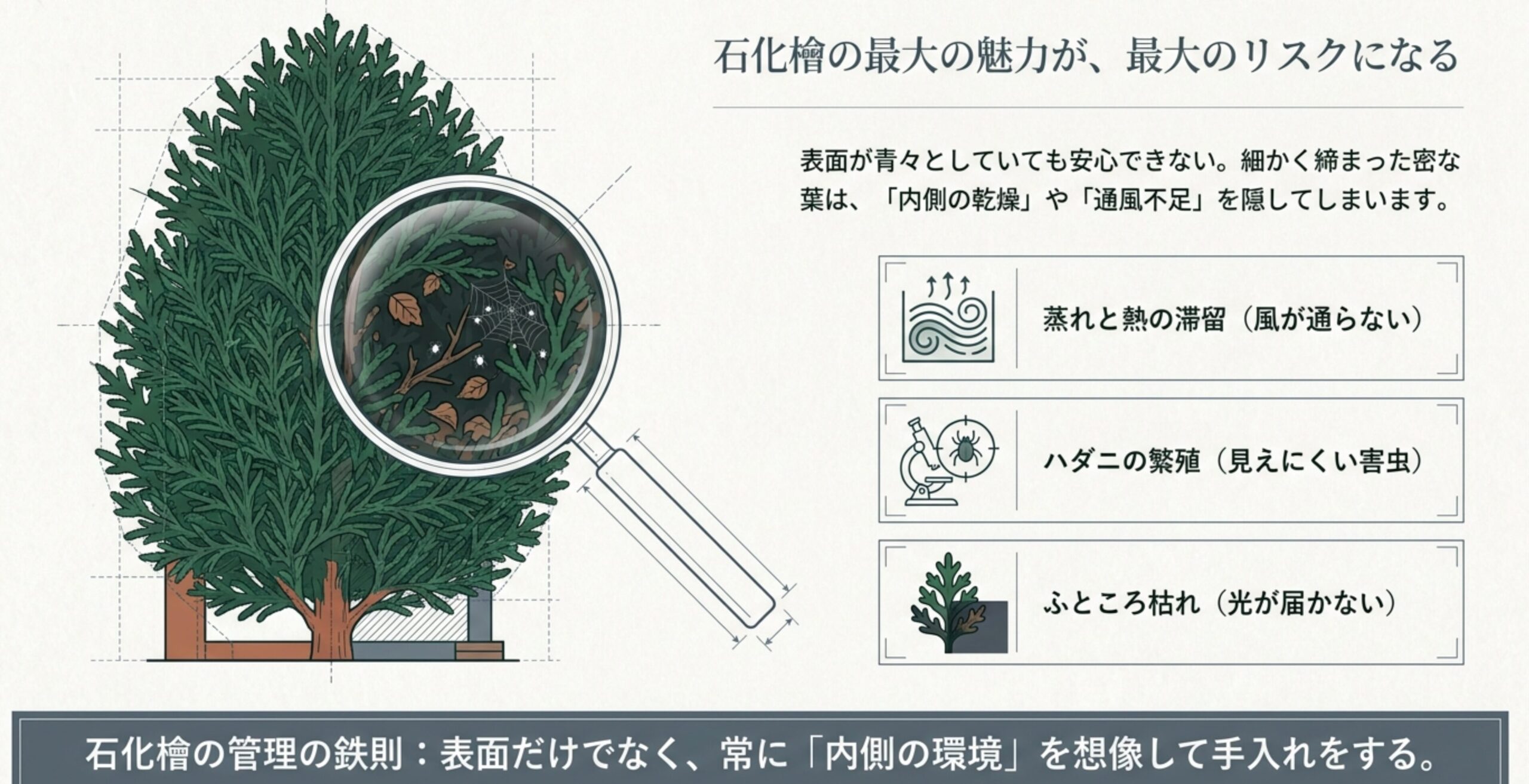 石化檜の密な葉の内部を虫眼鏡で拡大し、通風不足による蒸れやハダニ、枯れ葉などのリスクが潜んでいる様子を解説する図