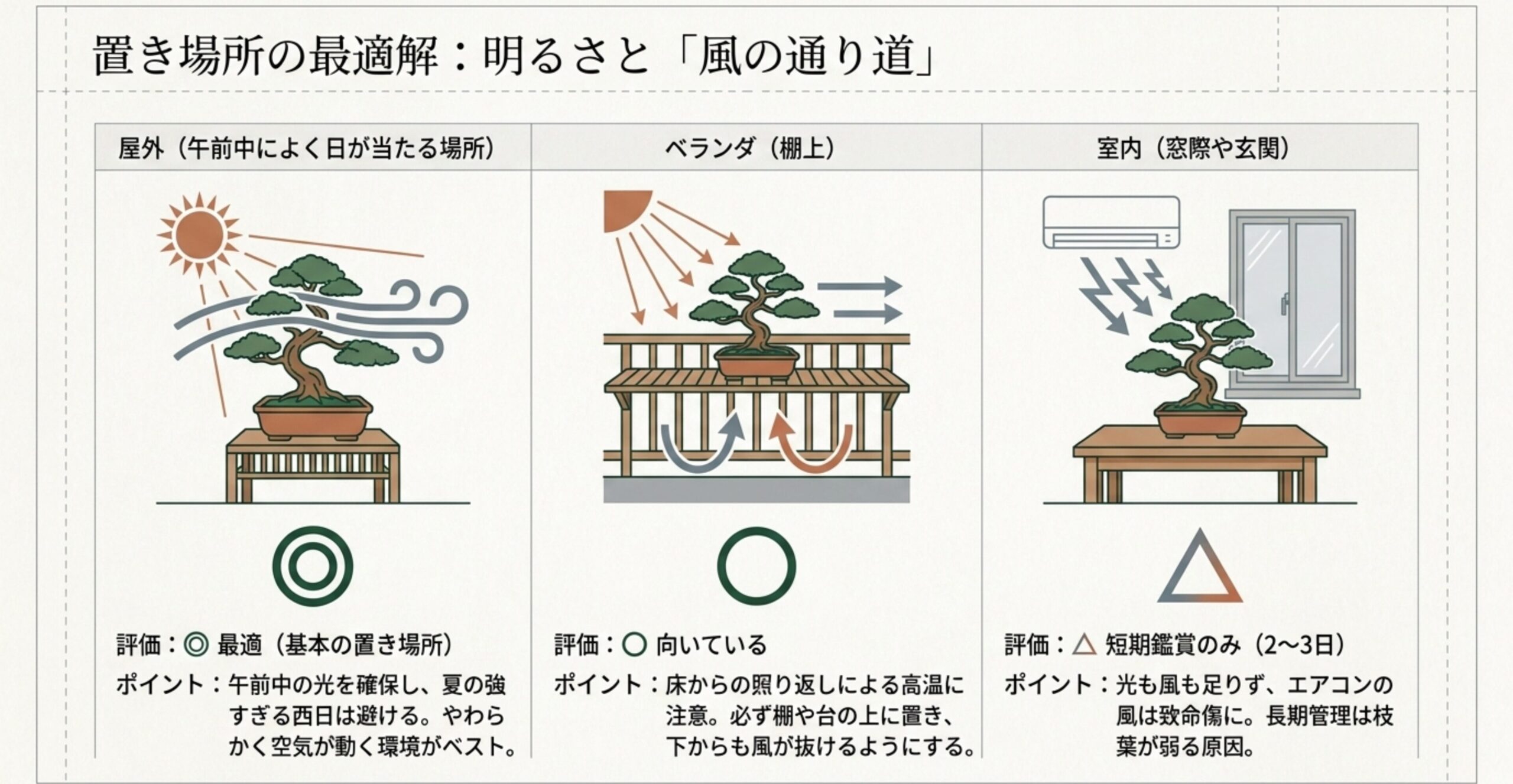 石化檜盆栽にとって理想的な、午前中の光と下からも抜ける風の通り道を確保した屋外環境のイラスト
