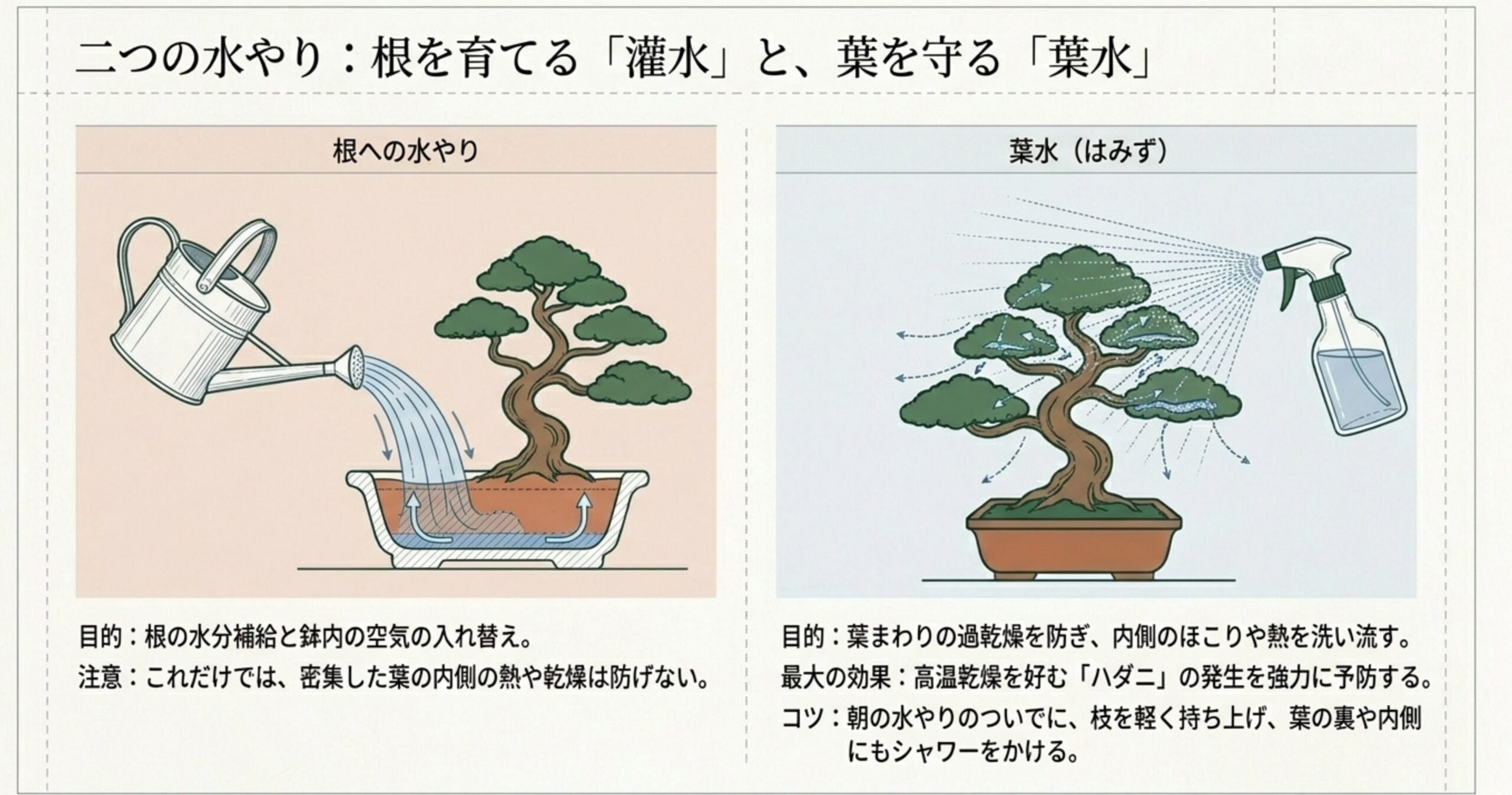 ジョウロで根元にたっぷり水を与える灌水と、霧吹きで葉の裏表に水をかけてハダニや乾燥を防ぐ葉水の違いを比較したイラスト