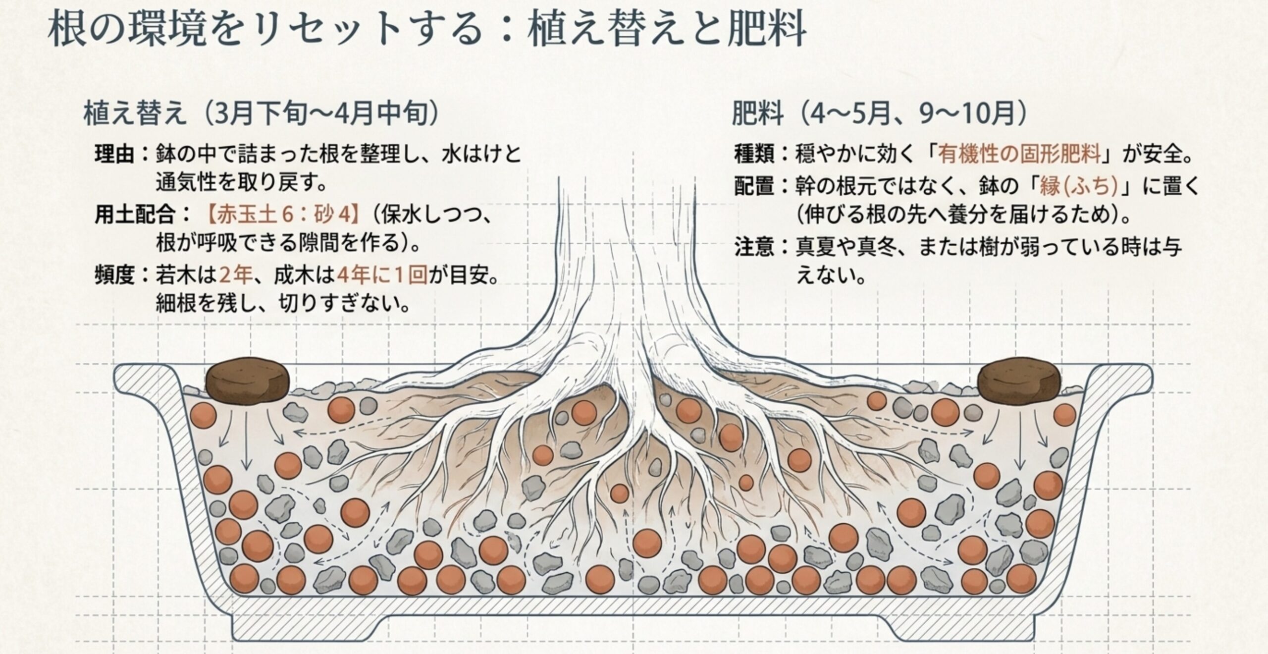 赤玉土6と砂4の割合で配合された通気性の高い用土と、根の先端へ養分を届けるために鉢の縁に配置した有機固形肥料の断面図