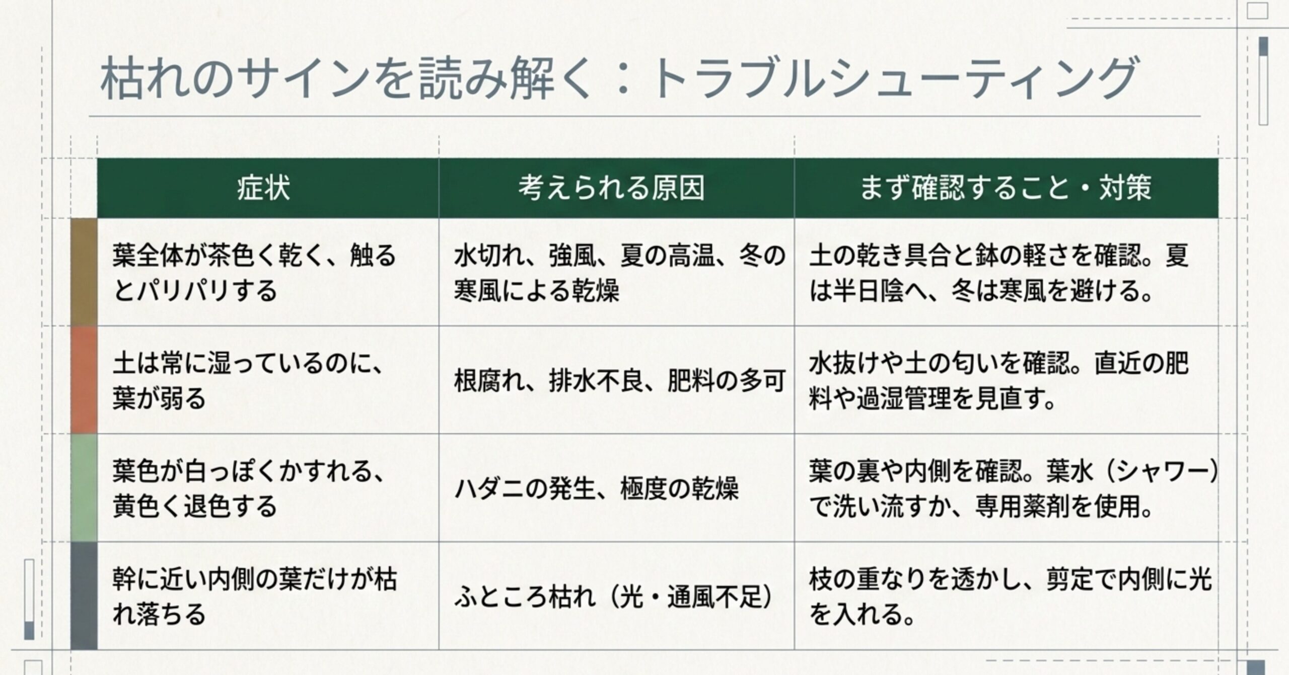 葉の茶色い枯れや退色などの症状と、その原因(水切れ、根腐れ、ハダニ等)、直ちに行うべき対策をまとめた早見表
