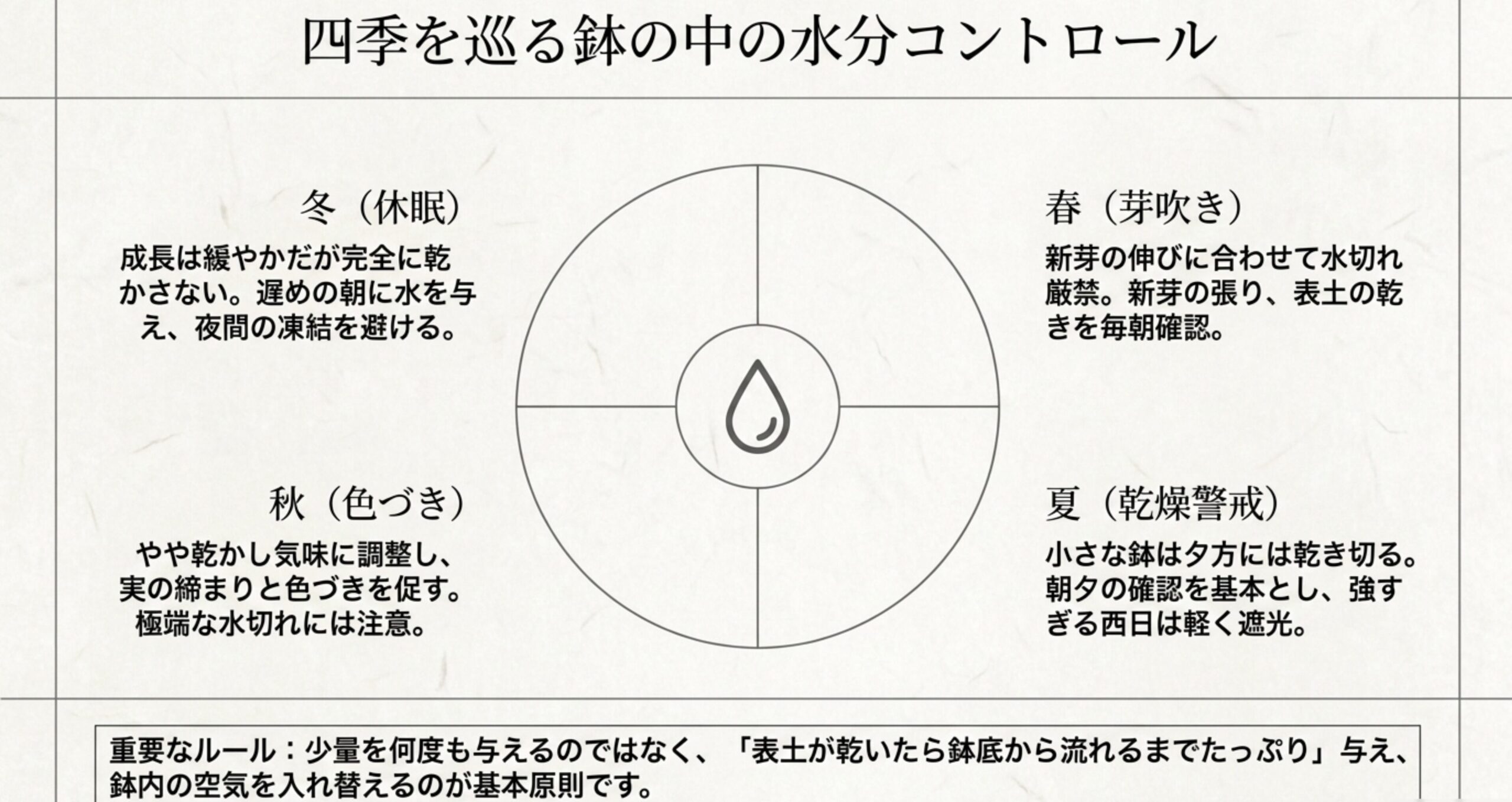 春の芽吹き、夏の乾燥警戒、秋の色づき、冬の休眠といった四季ごとの水分コントロールの注意点と基本ルールを示す円グラフ