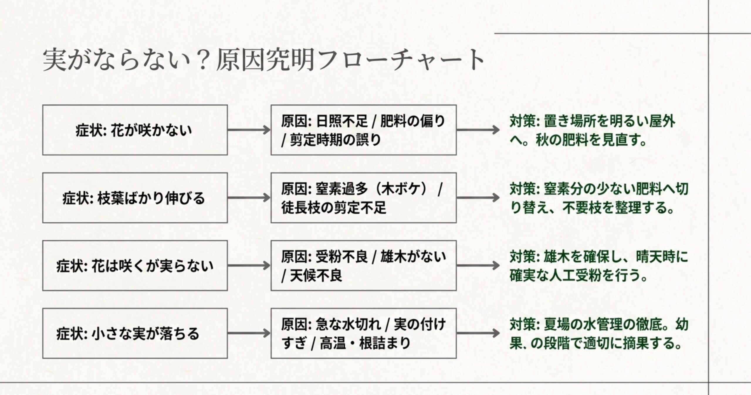 花が咲かない、枝葉ばかり伸びる、花は咲くが実らない、小さな実が落ちるといった症状別の原因と具体的な対策フロー