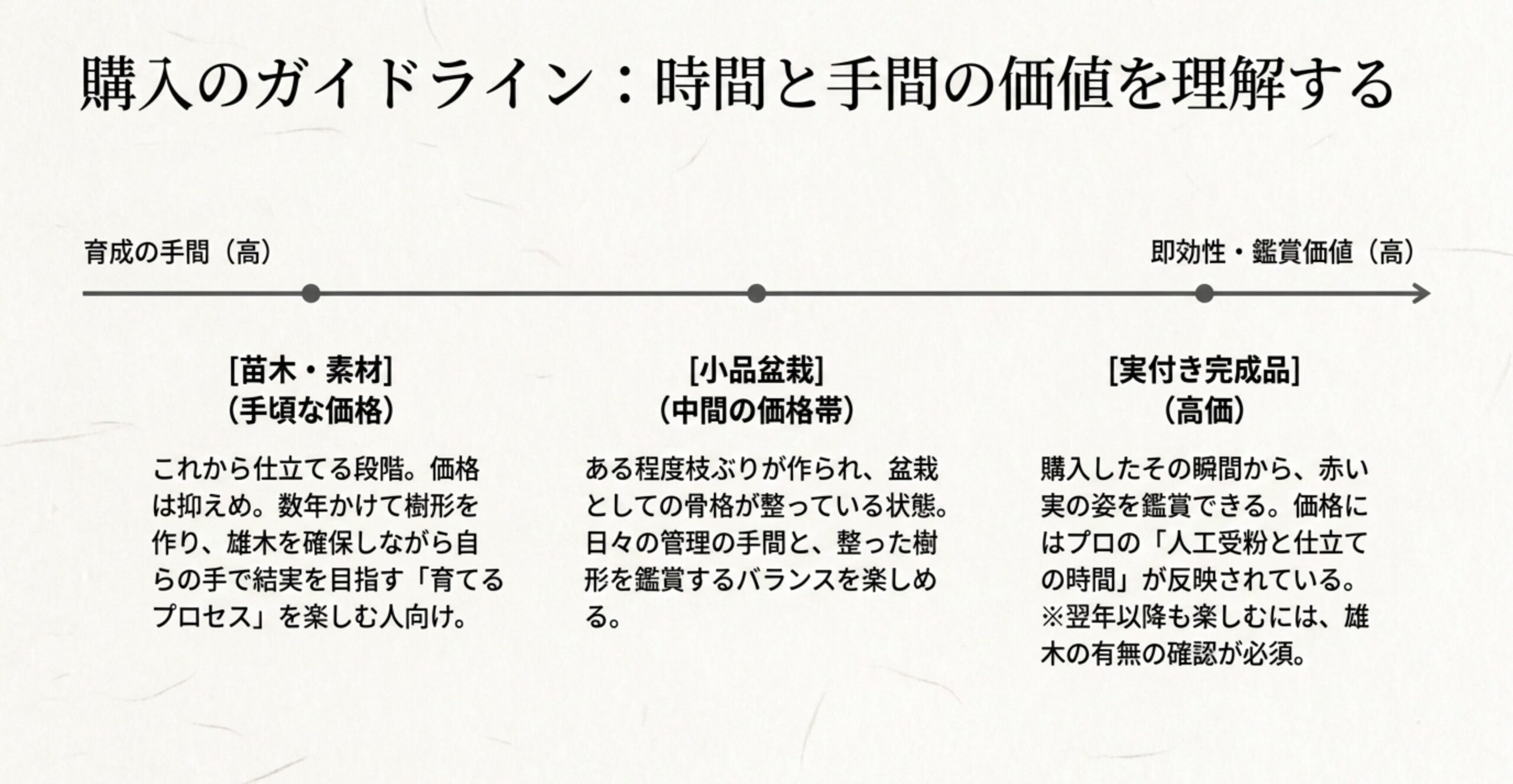苗木・素材、小品盆栽、実付き完成品ごとの育成の手間と、即効性・鑑賞価値のバランスを比較したガイドライン