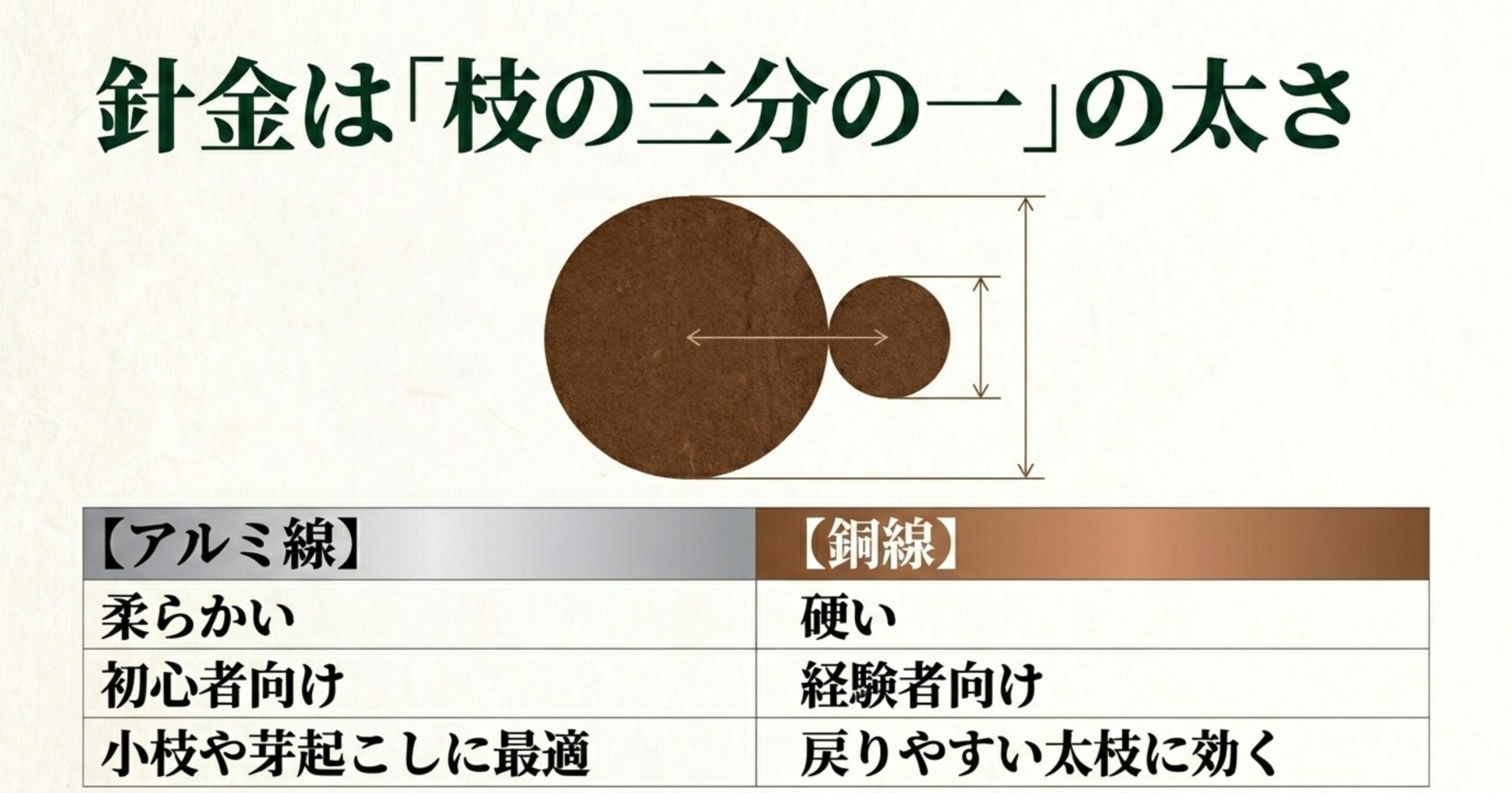 針金の太さは枝の3分の1を目安にすることと、アルミ線と銅線の特徴(柔らかさ・対象者・適した場面)を比較した表のスライド