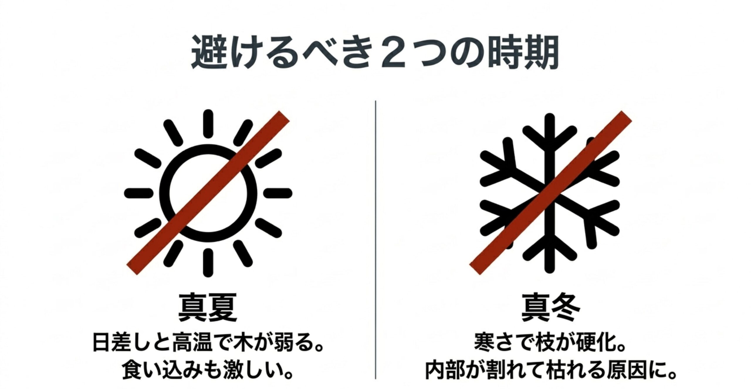 太陽と雪の結晶のアイコンに禁止マークが重なり、真夏は日差しと高温で弱り、真冬は寒さで枝が割れるため作業を避けるべき理由が書かれたスライド