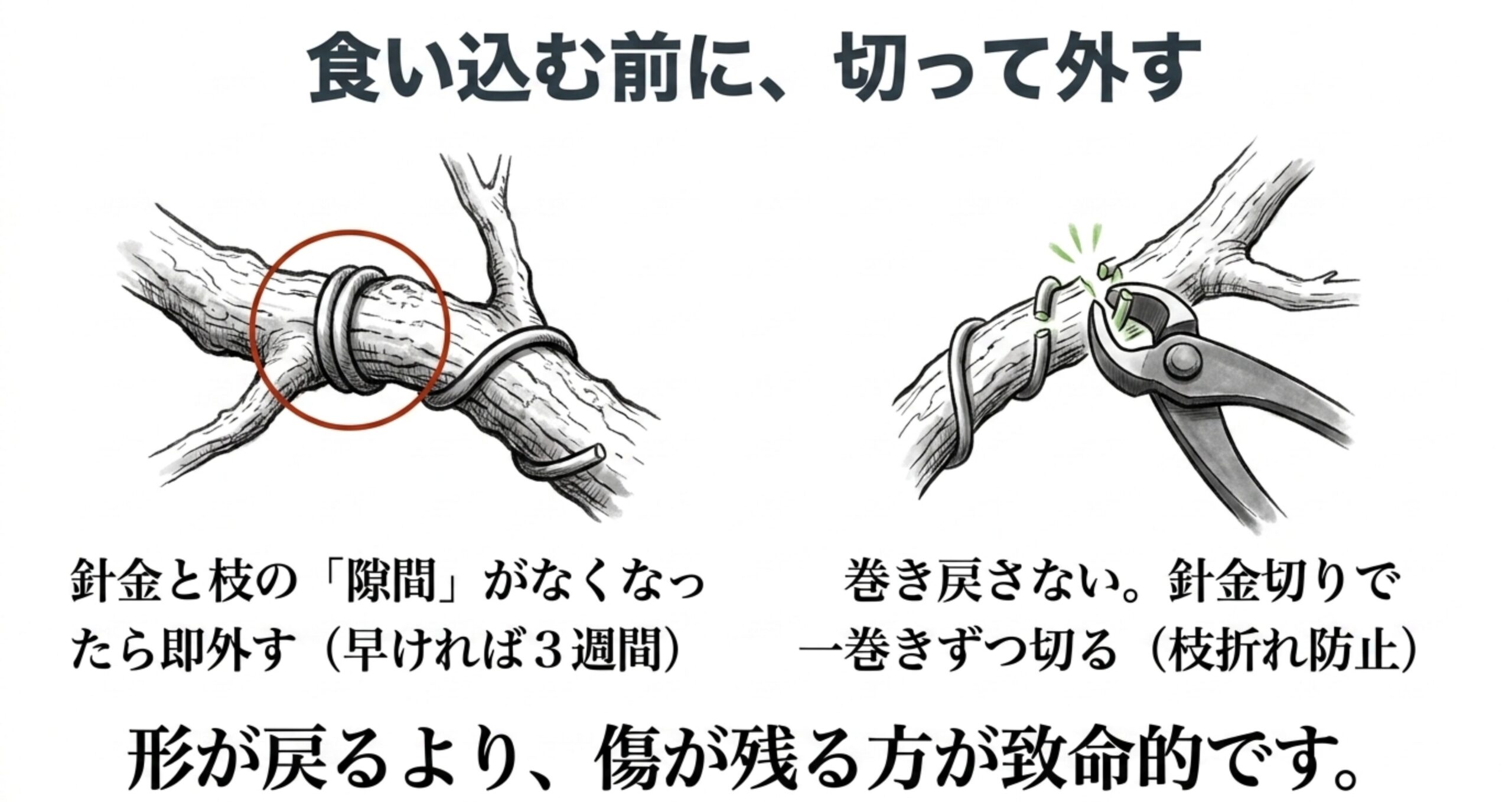 針金が食い込んでいる枝と針金切りで切るイラスト付きで、隙間がなくなったら巻き戻さずに一巻きずつ切って外すという解説スライド