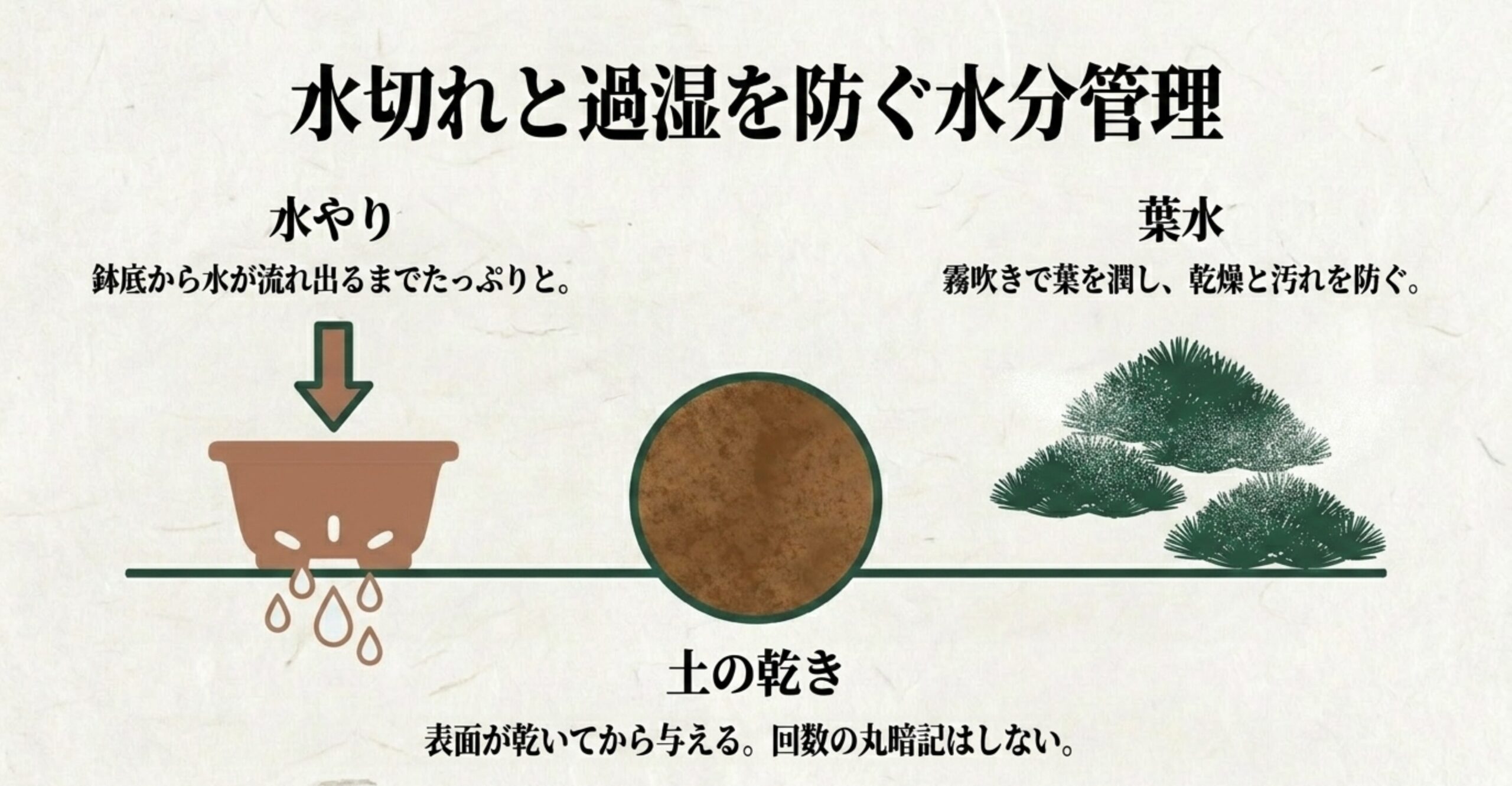 真柏盆栽の水やり、葉水、土の乾き具合に関する水分管理のポイントを図解