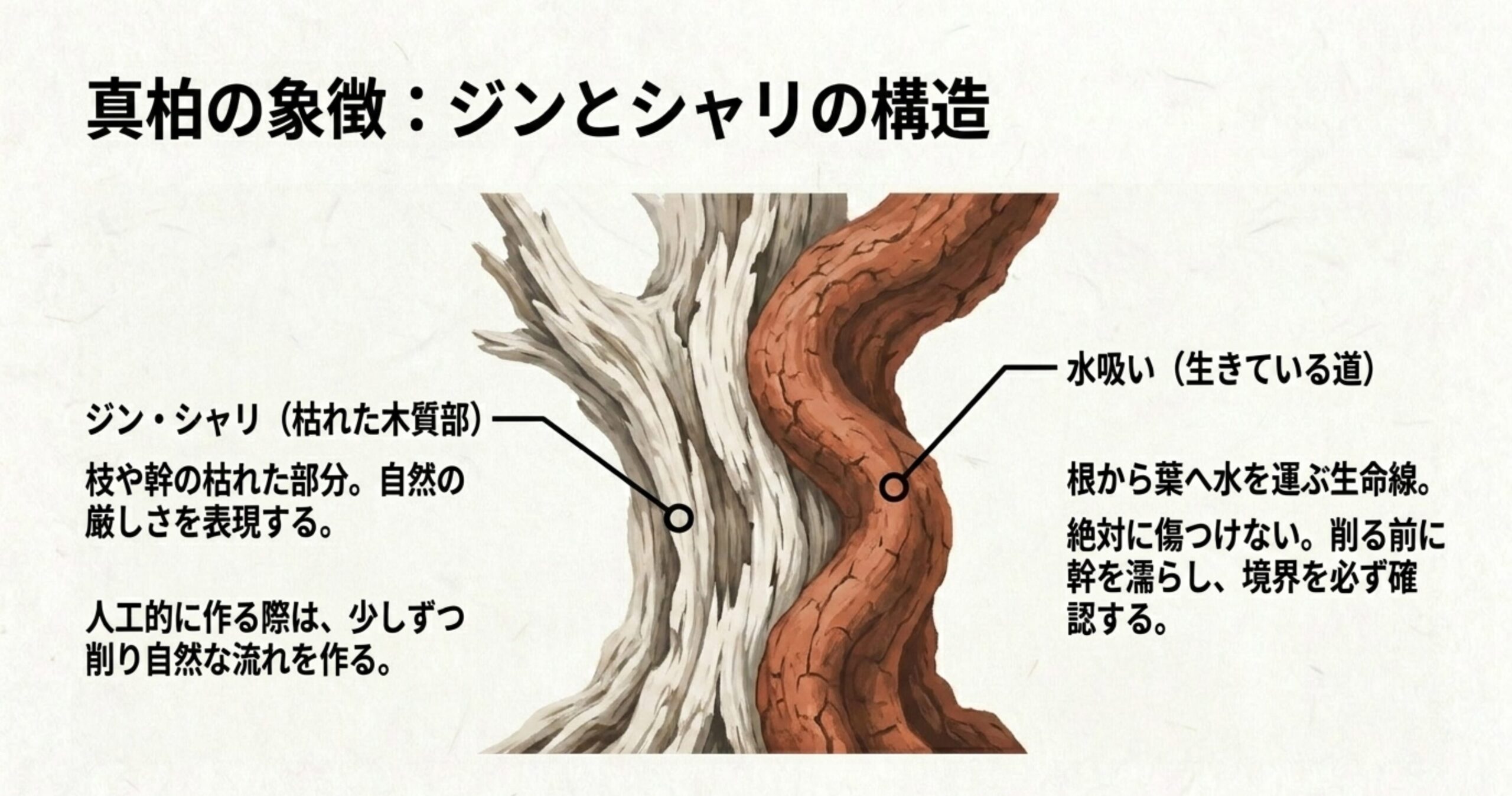 真柏盆栽におけるジンやシャリ（枯れた木質部）と水吸い（生きている道）の構造と違いを解説した図