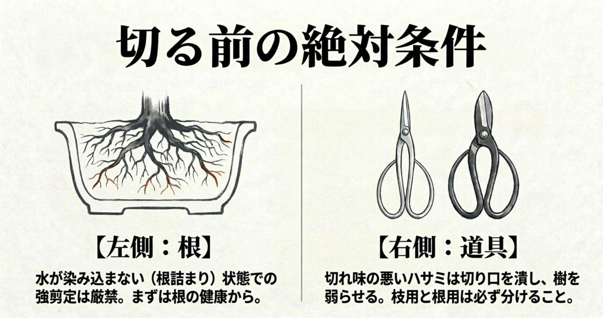 健康な根の張った鉢と手入れされた盆栽鋏のイラスト。強剪定前の根の健康と道具の切れ味の重要性を解説
