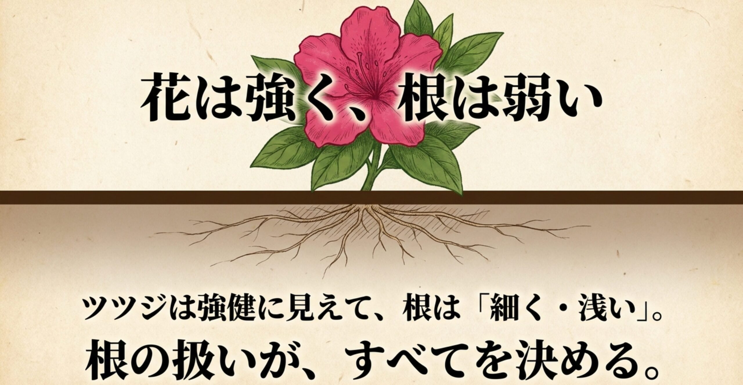 ツツジは強健に見えて根は細く浅いため、根の扱いがすべてを決めるという解説図