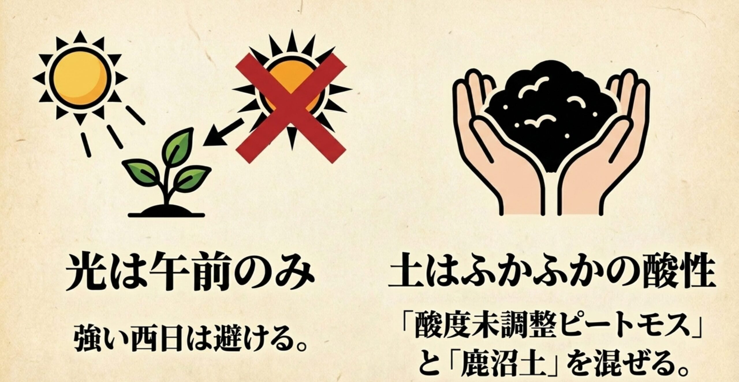 ツツジの栽培には午前のみ光を当てて強い西日を避けることと、酸度未調整ピートモスと鹿沼土を混ぜたふかふかの酸性土壌が必要であることを示す図解