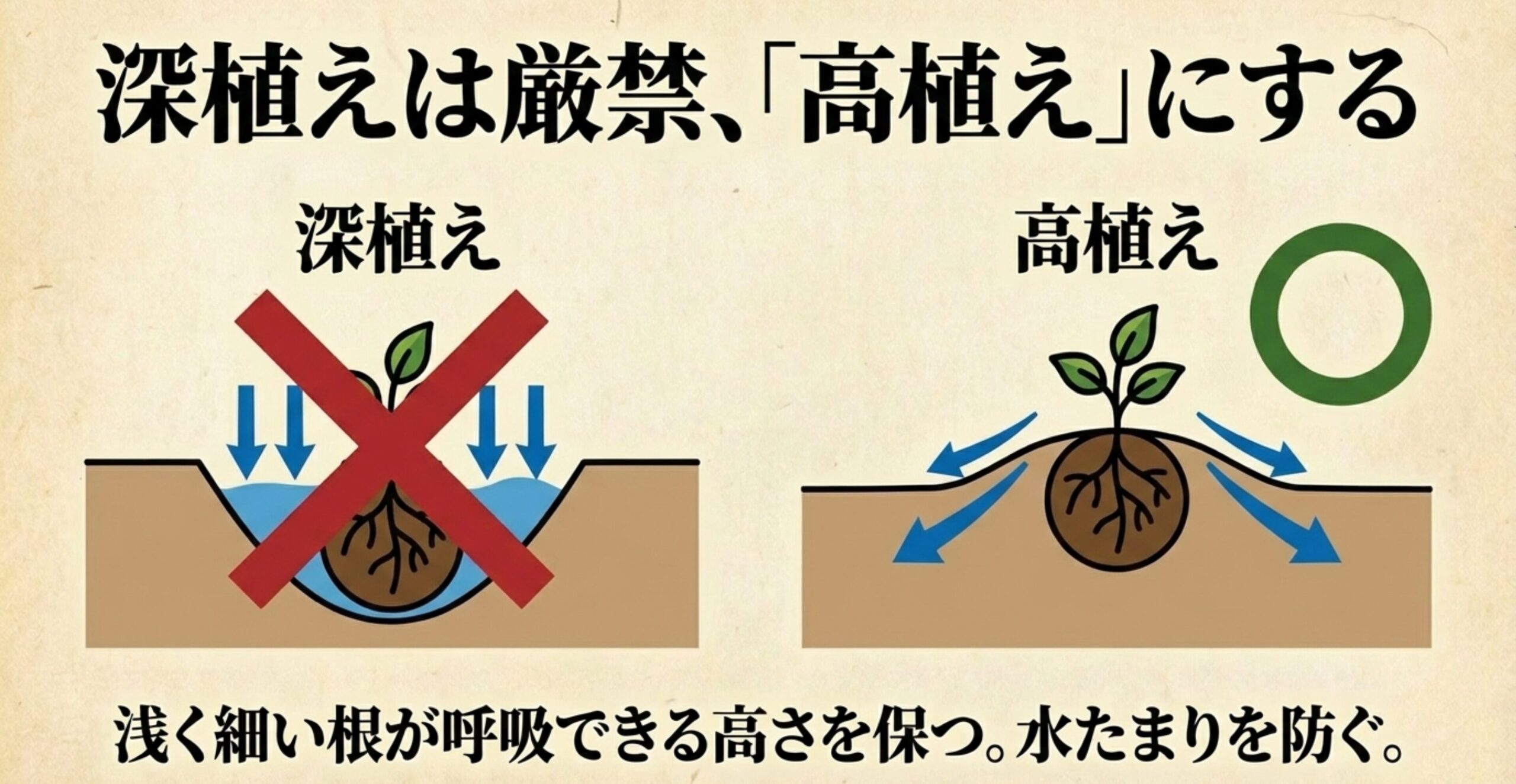 ツツジの深植えは厳禁であり、根が呼吸しやすく水たまりを防ぐための高植えを推奨する図解