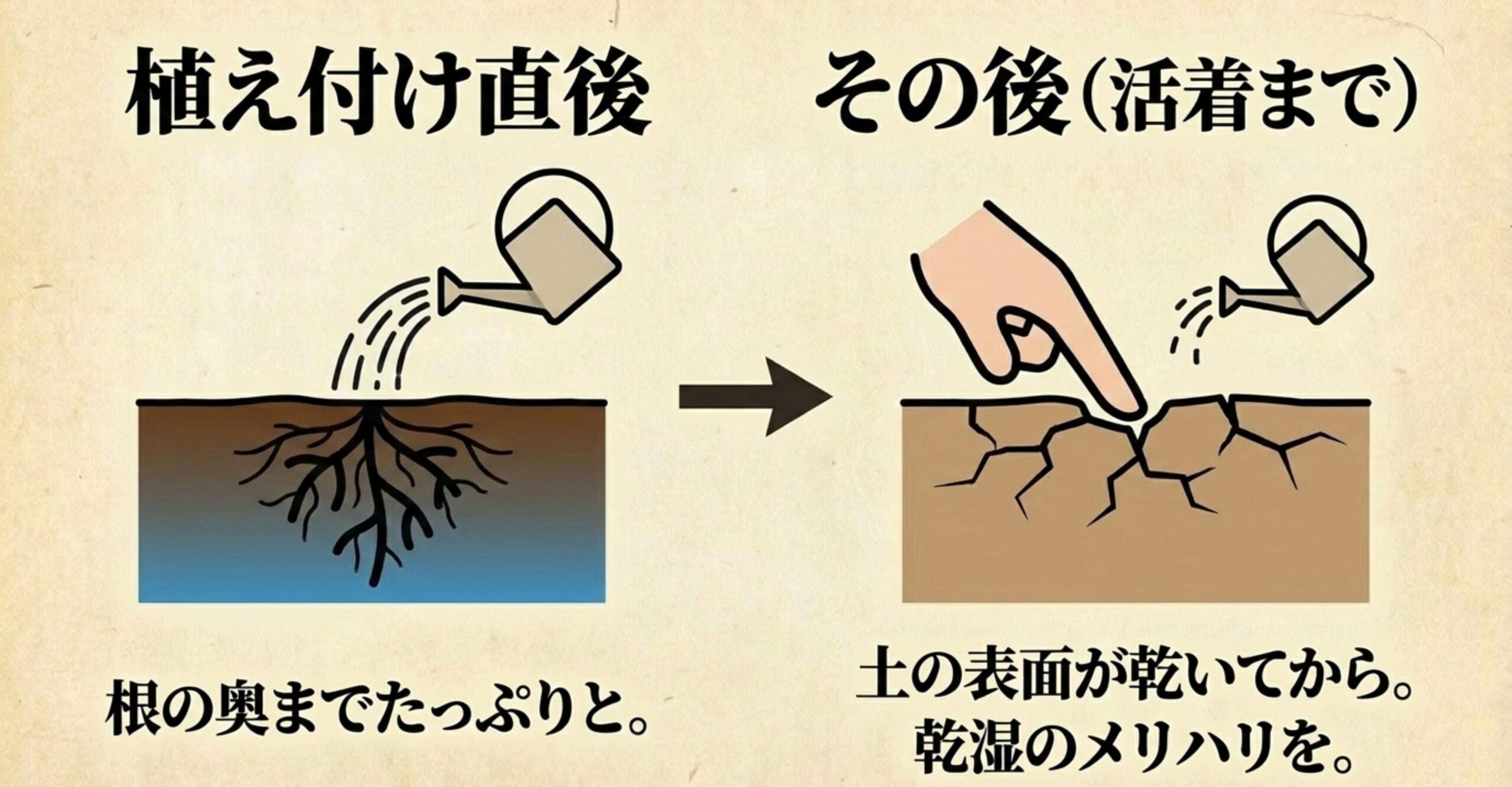 植え付け直後は根の奥までたっぷりと水を与え、その後は土の表面が乾いてから与えるという乾湿のメリハリを示す図解