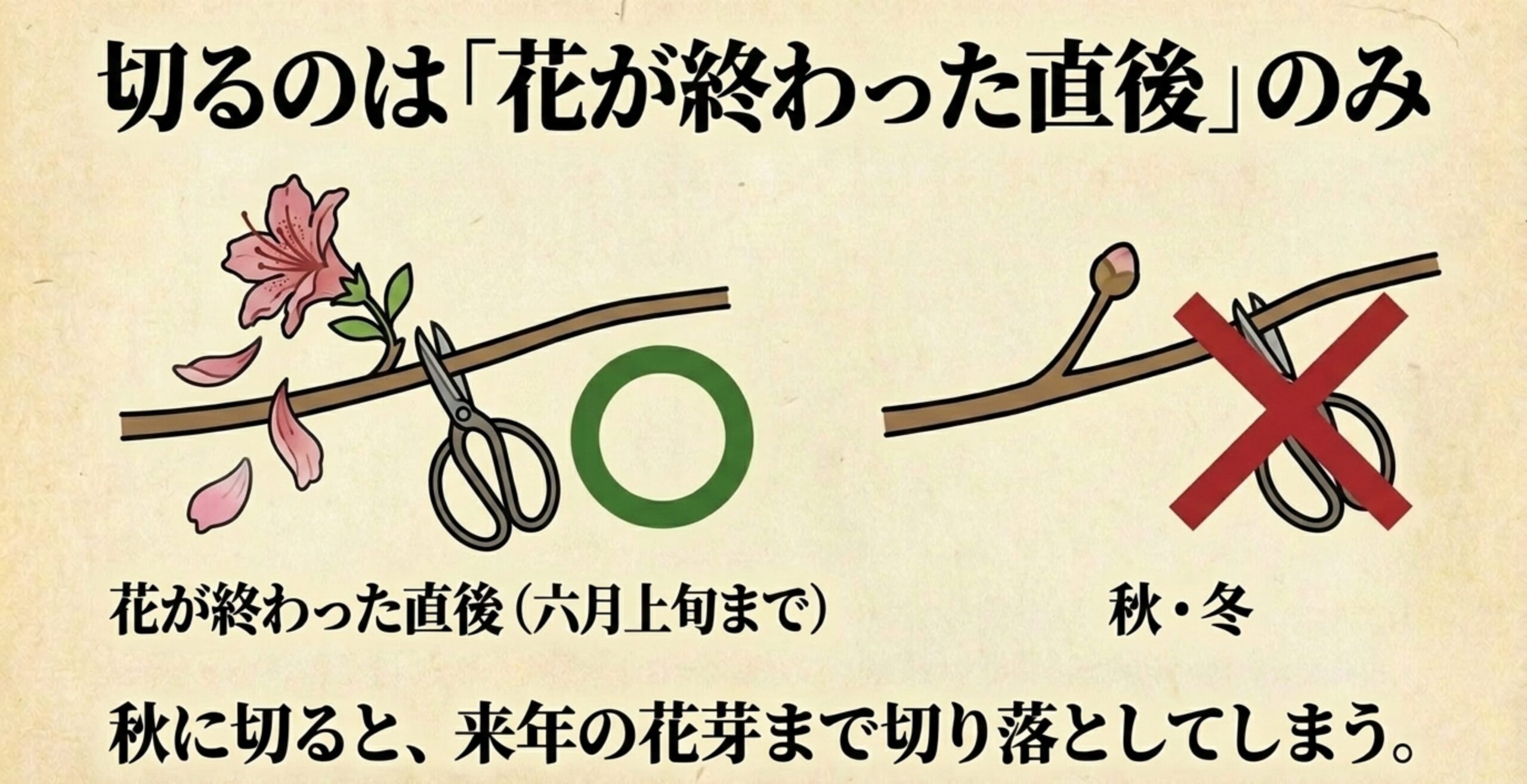 ツツジの剪定は花が終わった直後のみに行い、来年の花芽を切り落としてしまう秋冬の剪定は避けることを示す図解
