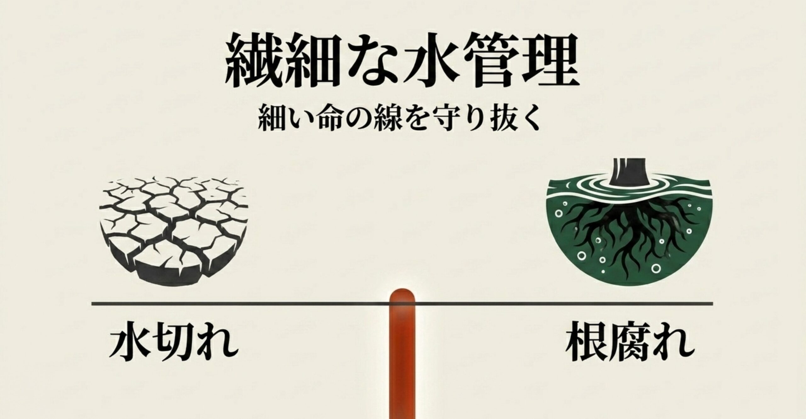 ひび割れた土と水に浸かった根のイラスト。水切れや根腐れを防ぎ、細い命の線を守り抜く繊細な水管理の重要性。