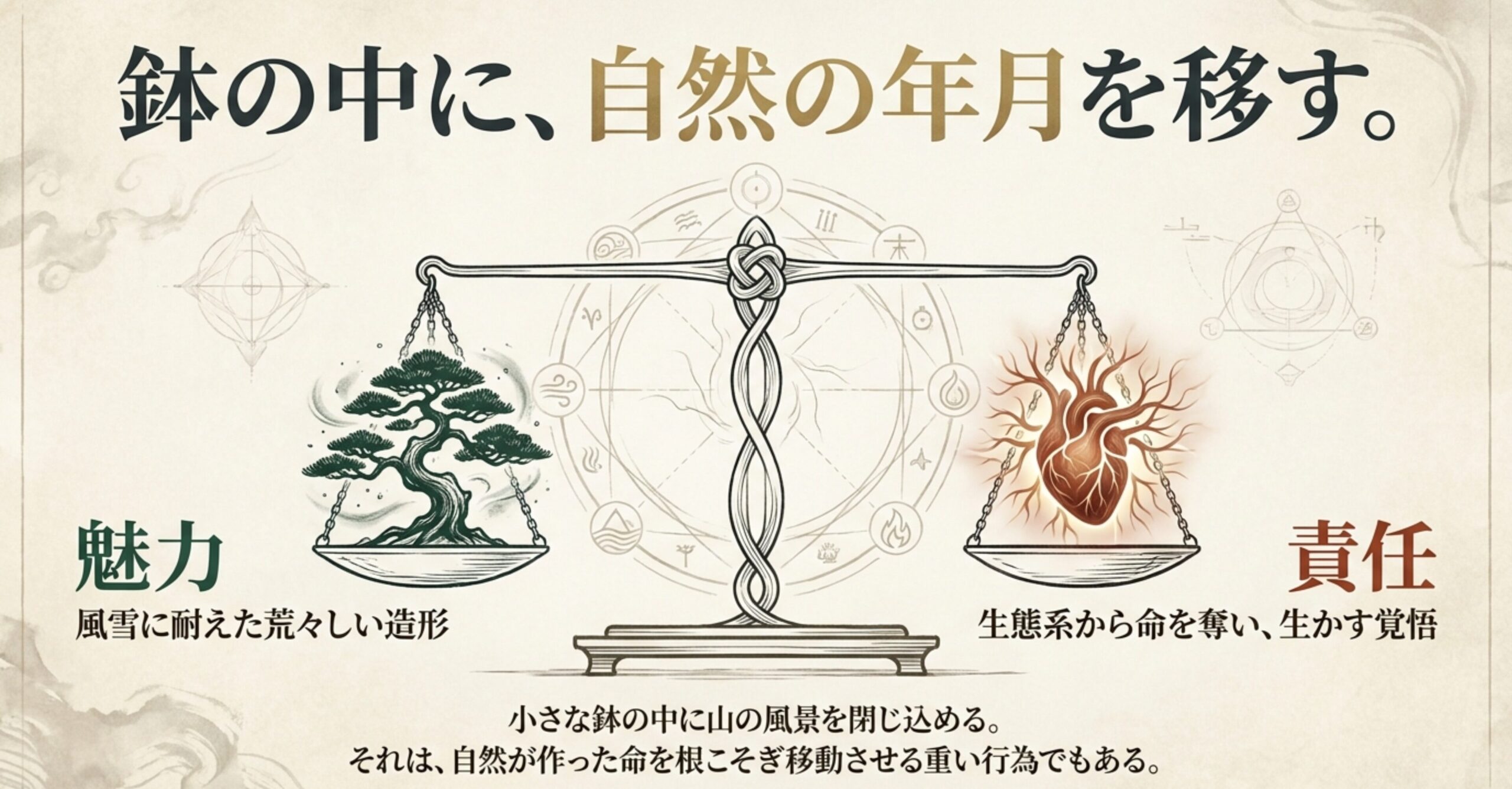 小さな盆栽鉢の中に山の風景を移す行為の重さと自然への責任を天秤で表現したイラスト