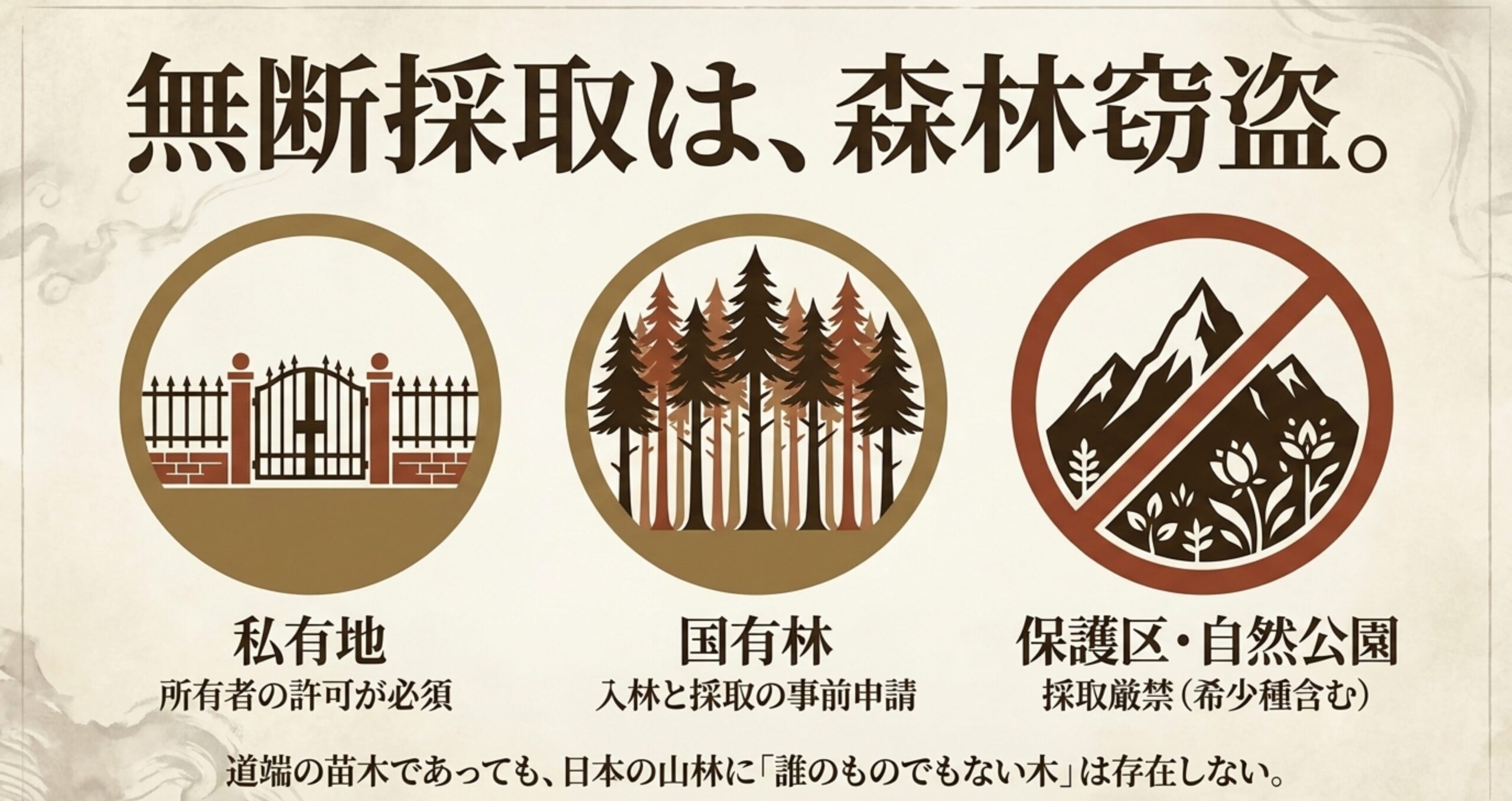 山採りにおける無断採取のリスク。私有地や国有林の許可、保護区での採取厳禁（森林窃盗）についての図解