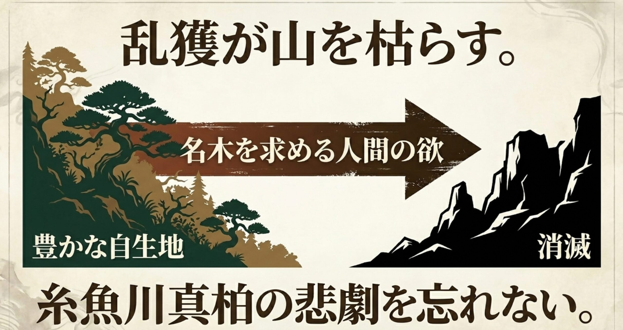 糸魚川真柏の悲劇。人間の名木を求める欲や乱獲によって豊かな自生地が消滅していく様子