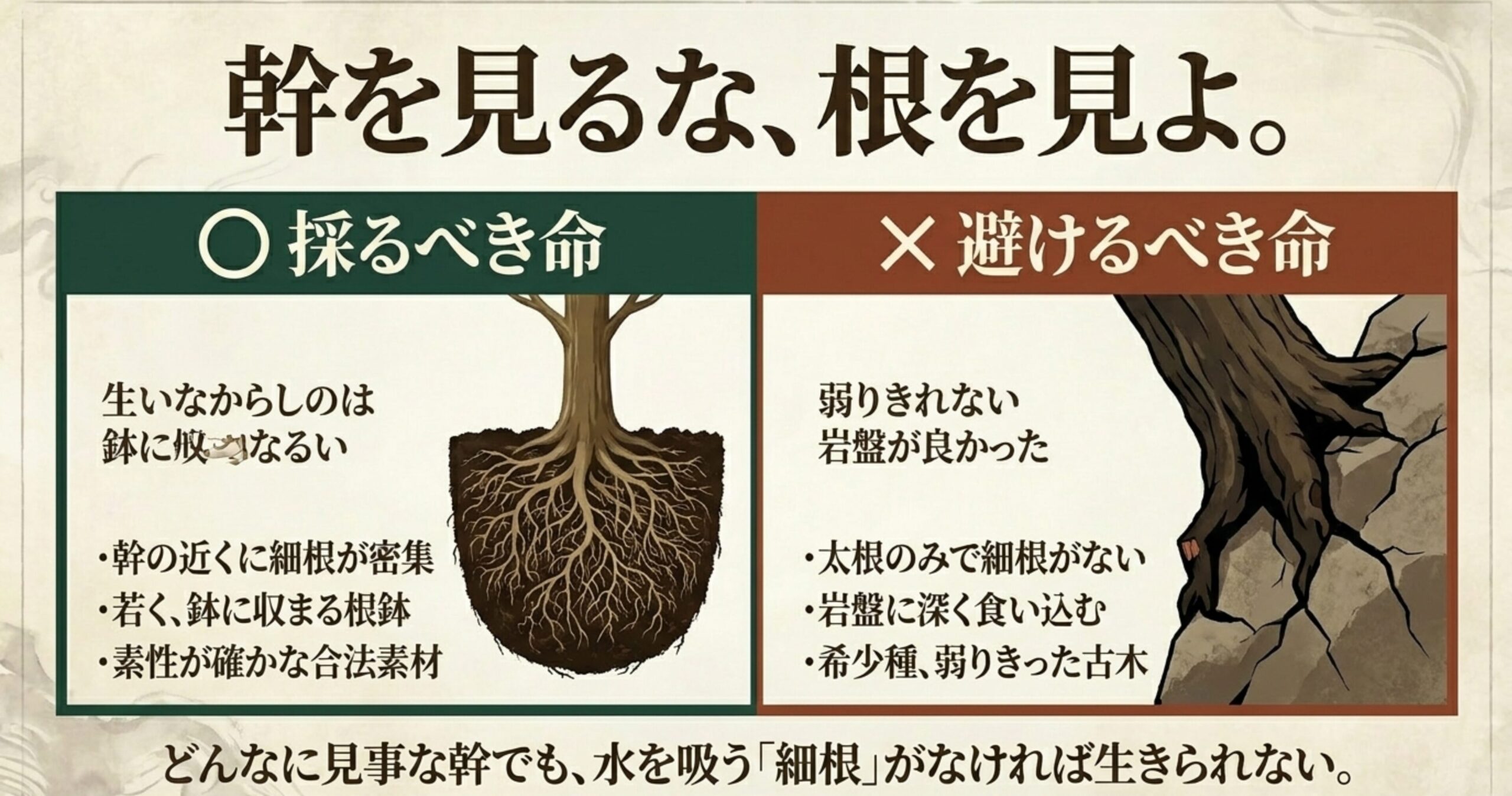 盆栽の山採りで採るべき命と避けるべき命の基準。幹ではなく水を吸う細根が密集しているかどうかの比較