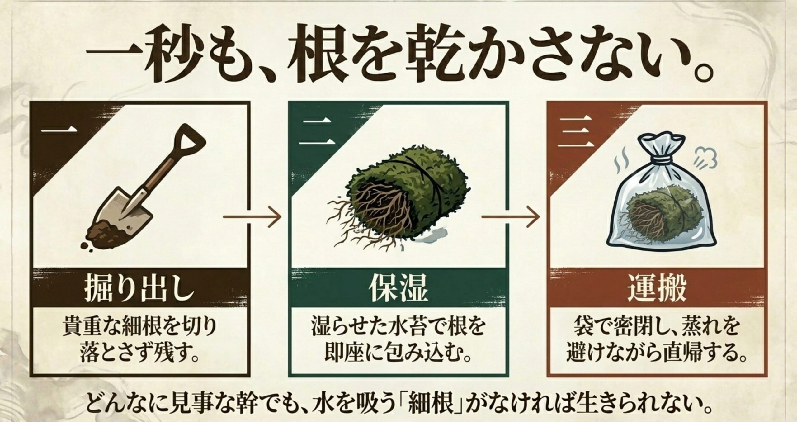 掘り出しから運搬までの流れ。貴重な細根を切らずに残し、湿らせたミズゴケで包んで密閉・保湿する手順