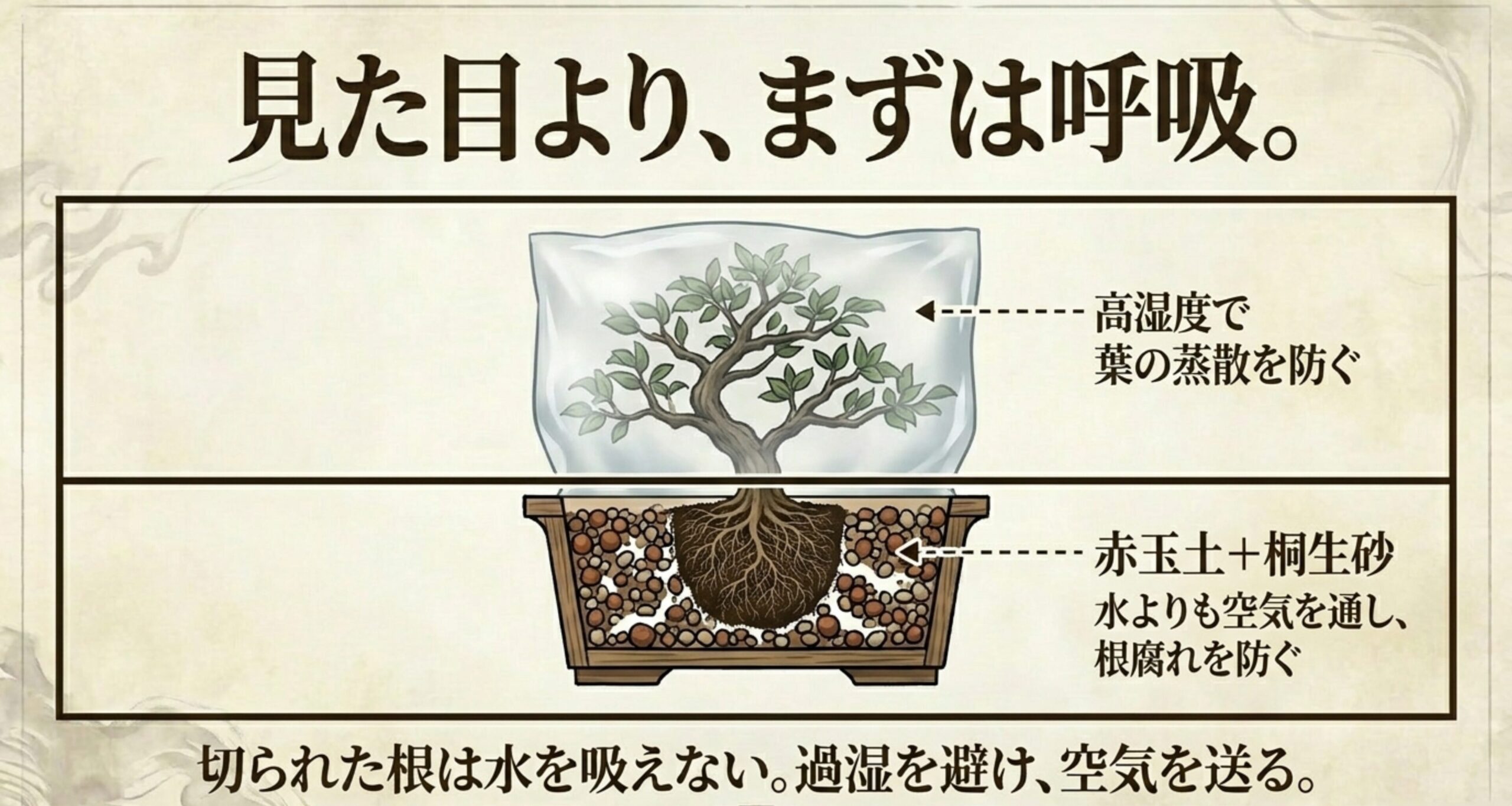 採取直後の管理。赤玉土と桐生砂で根腐れを防ぐ通気性の確保と、高湿度で葉の蒸散を防ぐ袋がけの図解