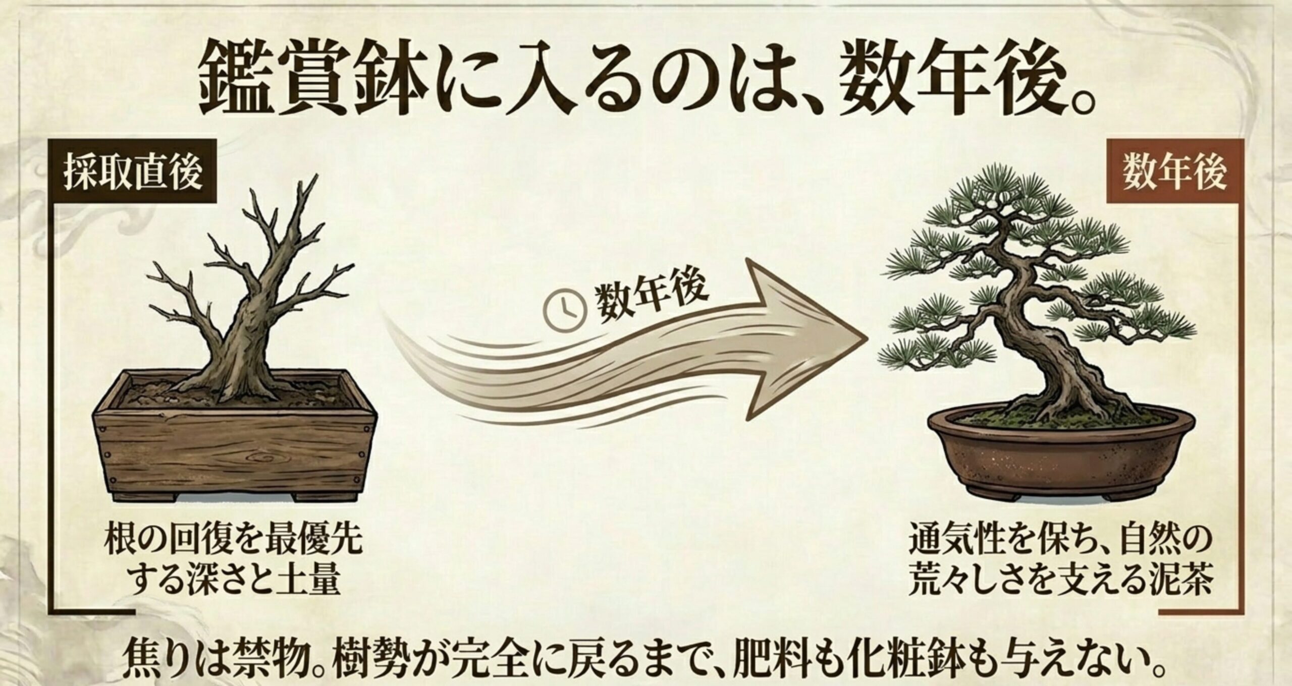 採取直後は木箱で土量と深さを確保して根を回復させ、数年後に常滑焼などの泥もの鑑賞鉢へ移す育成過程