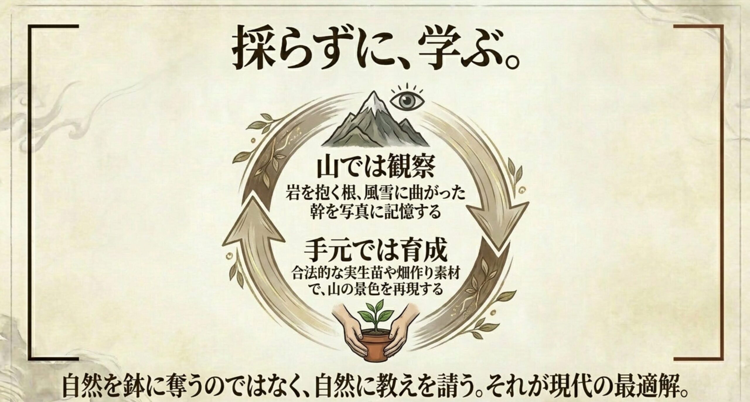 然を奪うのではなく教えを請う姿勢。山での観察や合法的な実生苗・畑作り素材を使った盆栽の育成