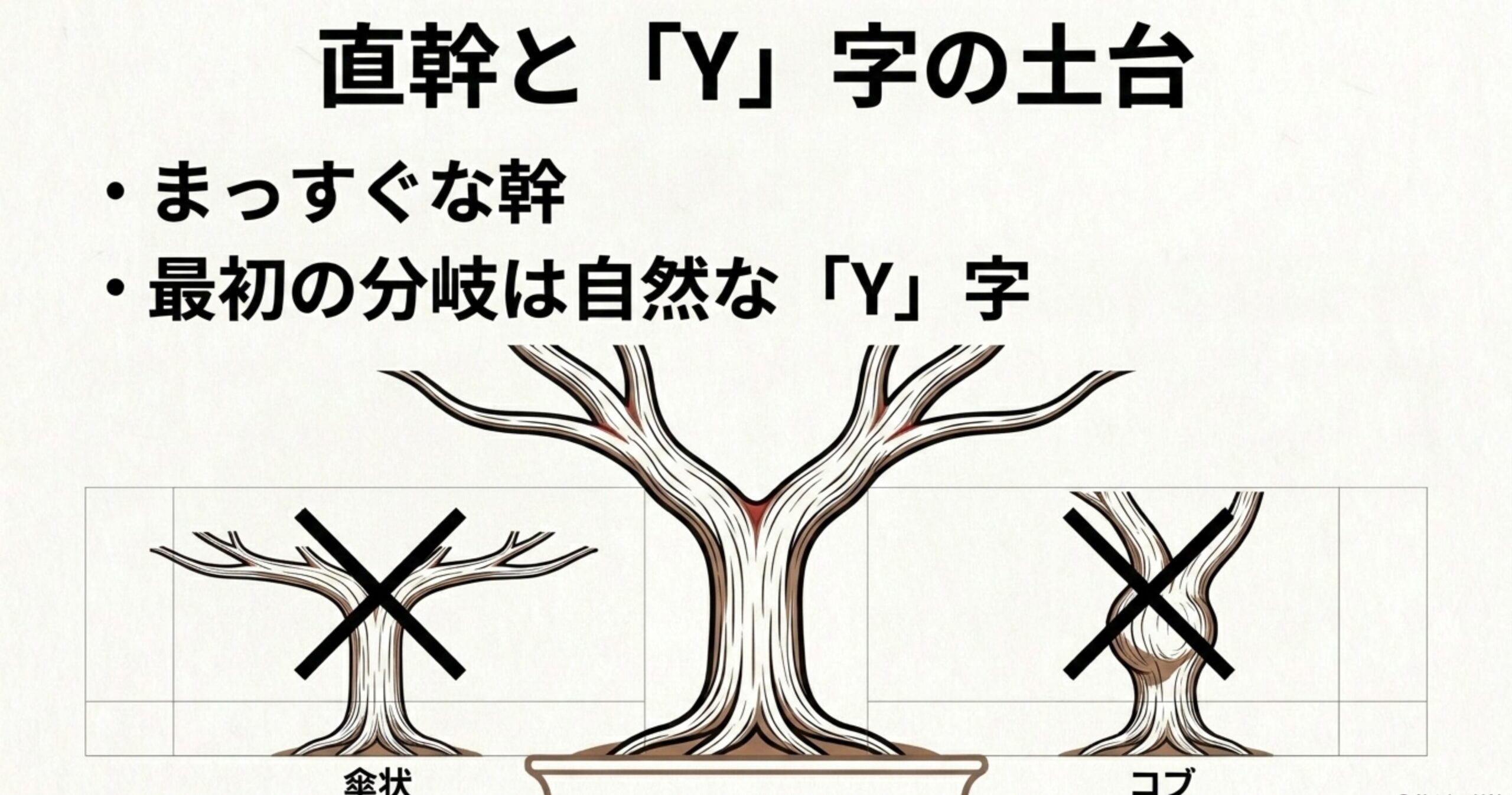 ケヤキ盆栽の土台となる直幹と自然なY字分岐の理想形、および避けるべき傘状やコブのNG例