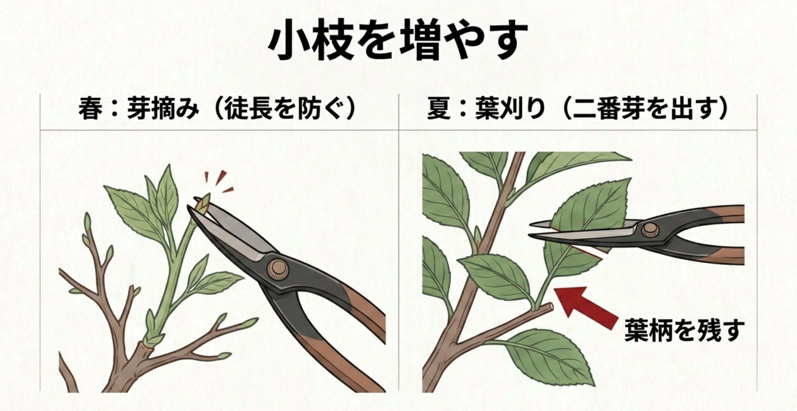 初夏に葉柄を残して葉刈りを行い、二番芽を出してケヤキの小枝を増やすハサミの入れ方