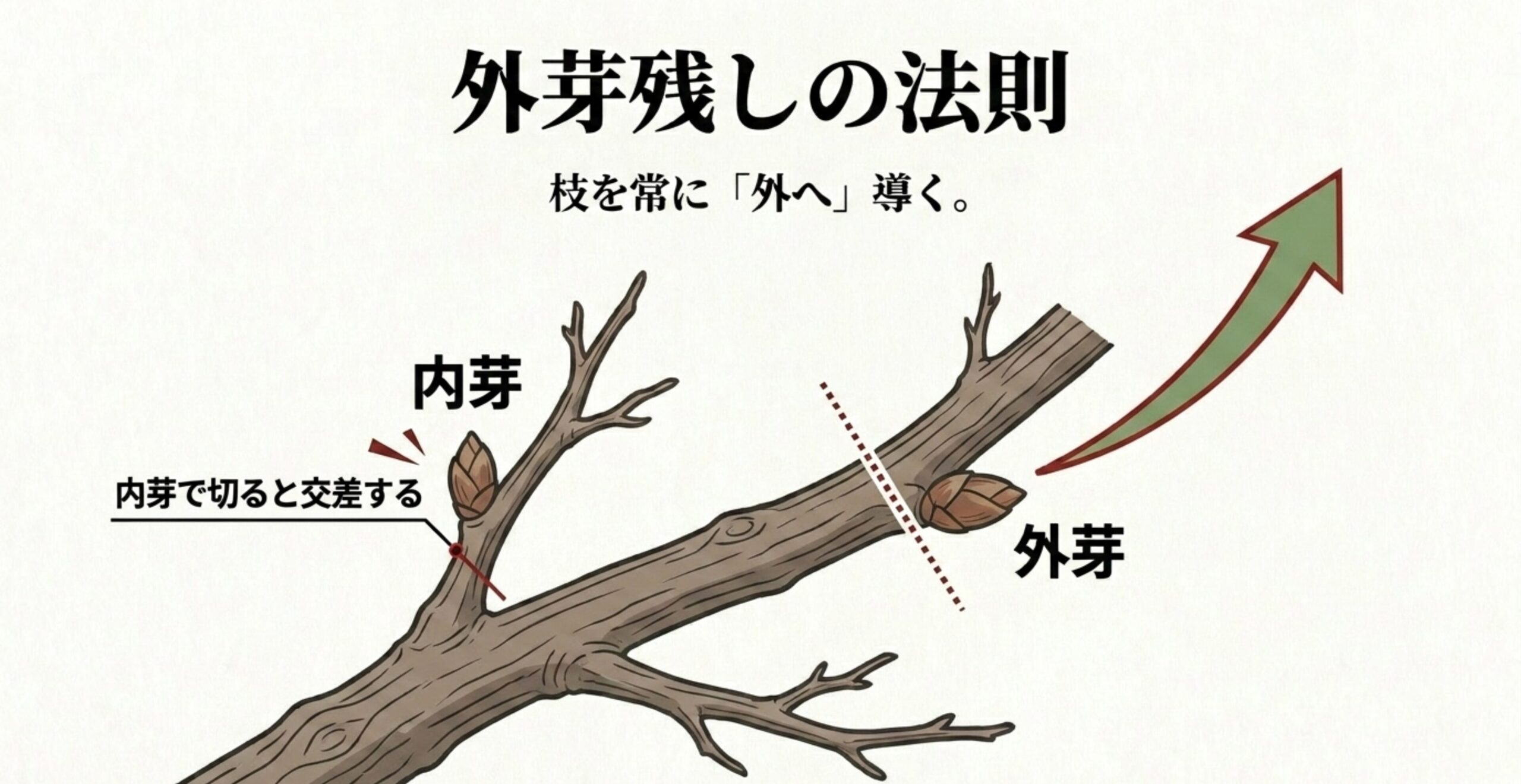 剪定時に枝を外へ導くための外芽残しの法則と、内芽で切った際の交差リスクの図解