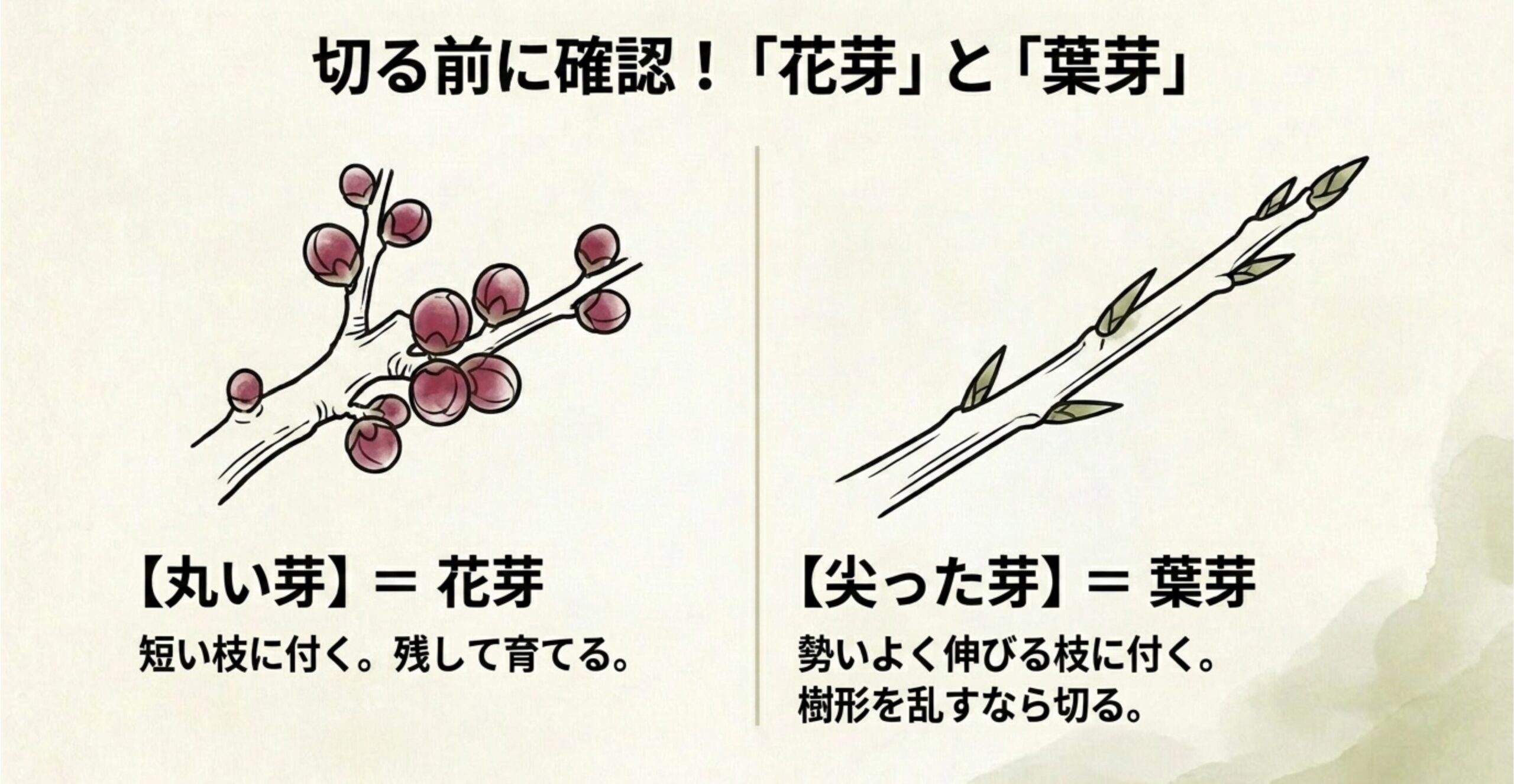 切る前に確認したい長寿梅の芽の形。丸いふっくらした芽が花芽、細く尖った芽が葉芽であることを示すイラスト。