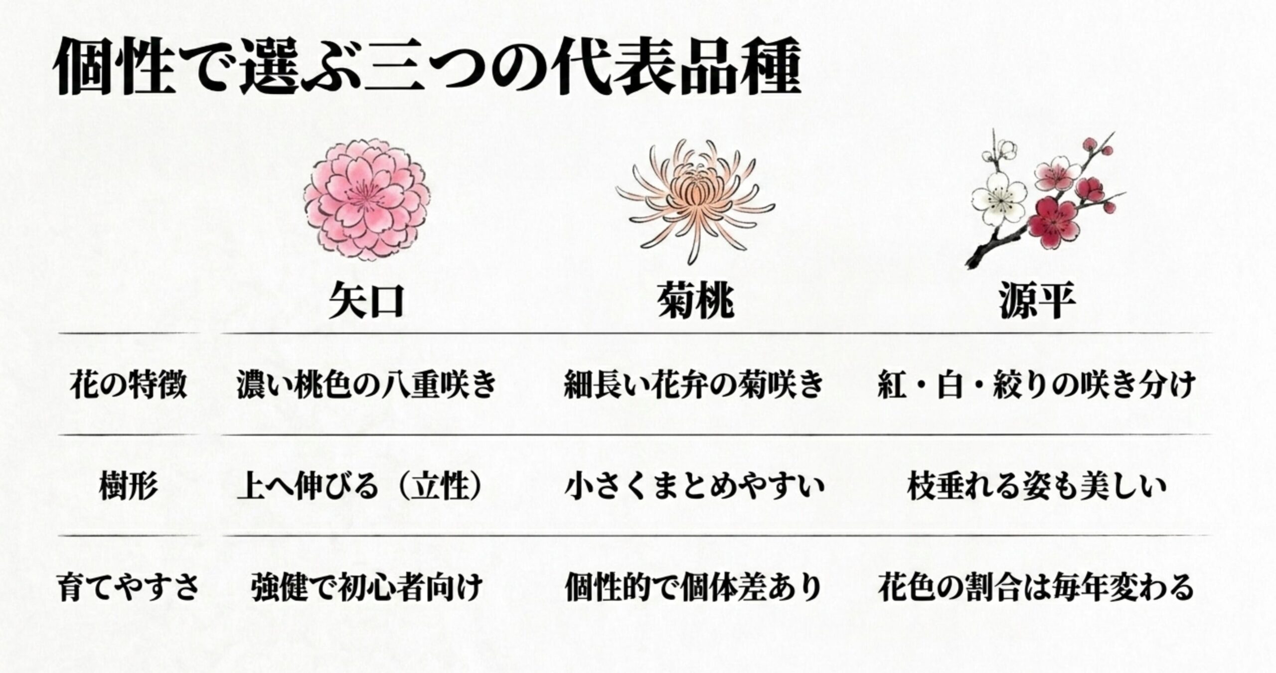個性で選ぶ三つの代表品種 。濃い桃色の八重咲きである矢口 、細長い花弁の菊咲きである菊桃 、紅・白・絞りの咲き分けが特徴の源平 の解説。