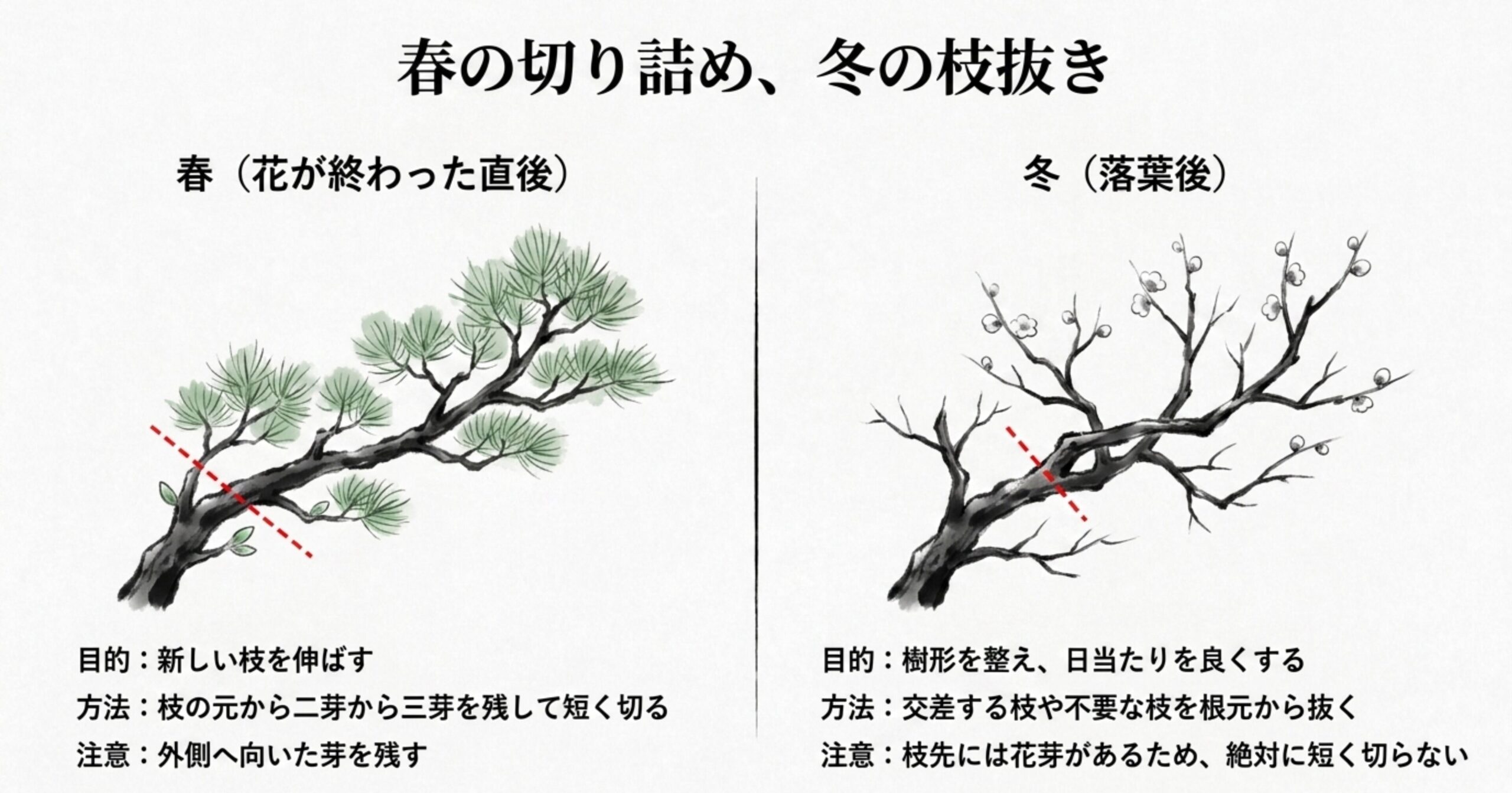 剪定の図解。春は新しい枝を伸ばすために二芽から三芽を残して切り 、冬は樹形を整えるために不要な枝を根元から抜く という違いの解説。