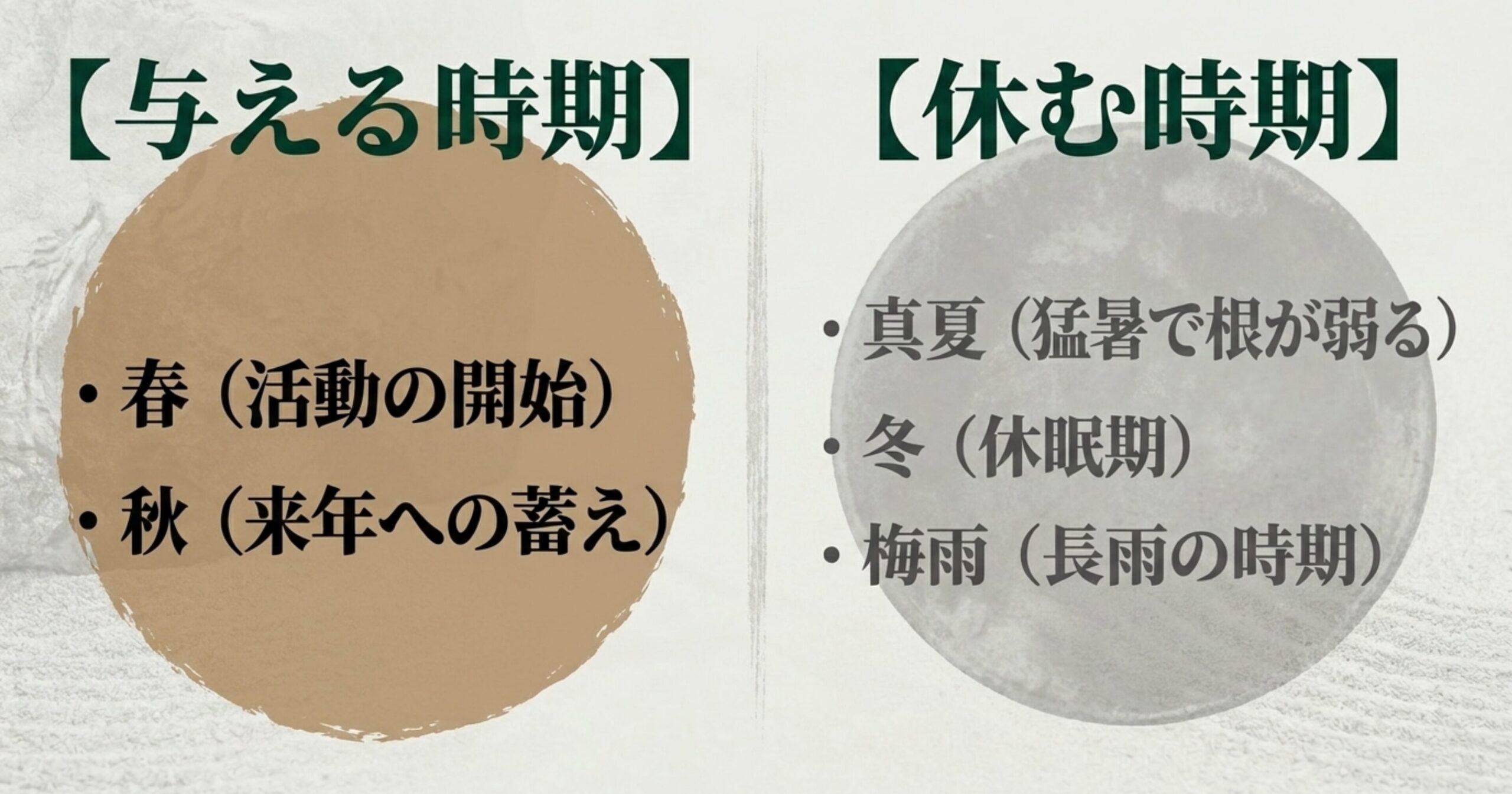 松盆栽に肥料を与える時期(春・秋)と休む時期(真夏・冬・梅雨)を分類したスライド