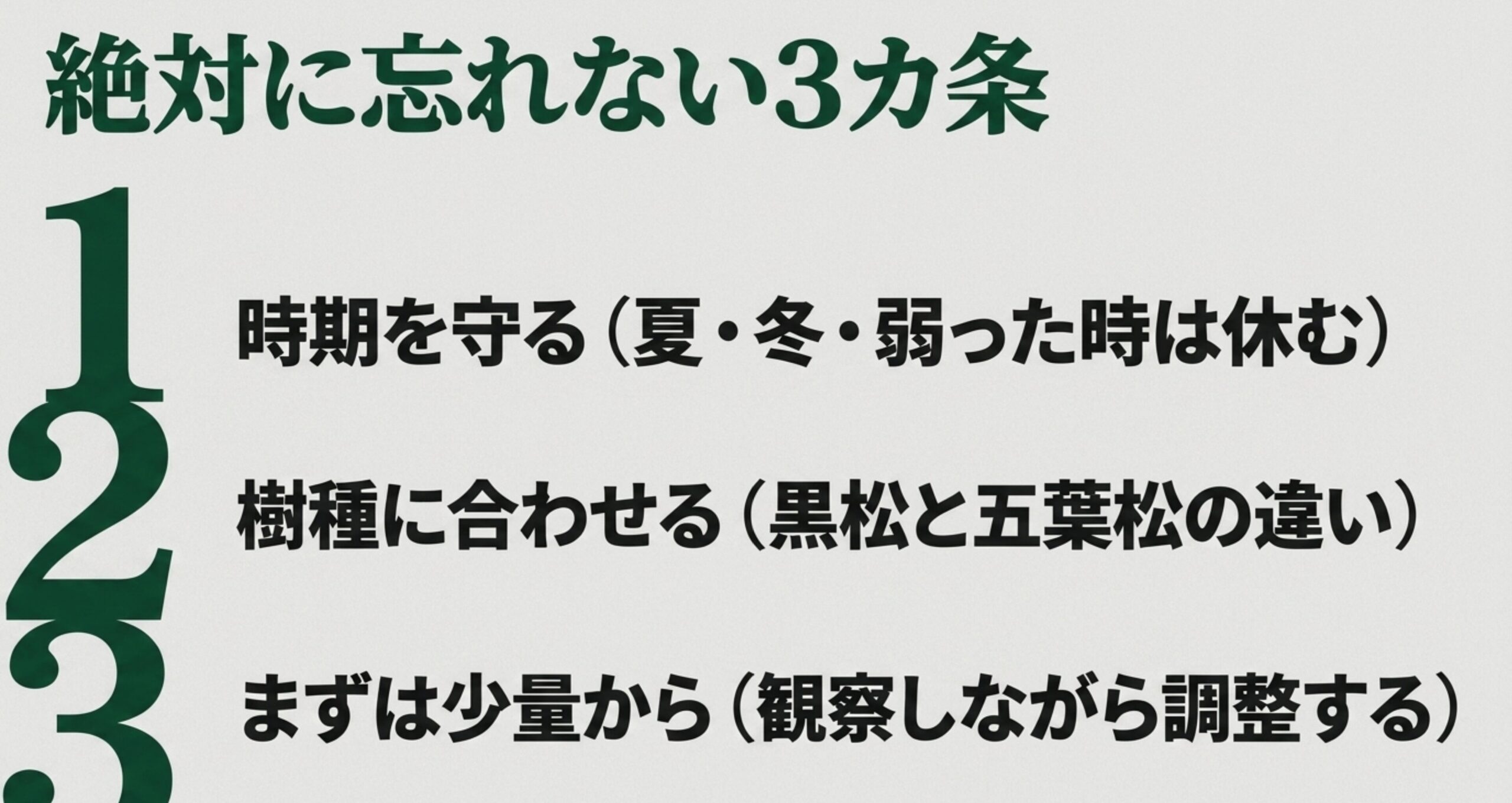 松盆栽の施肥で絶対に忘れない3カ条として、時期を守る、樹種に合わせる、まずは少量から始めることをまとめたスライド