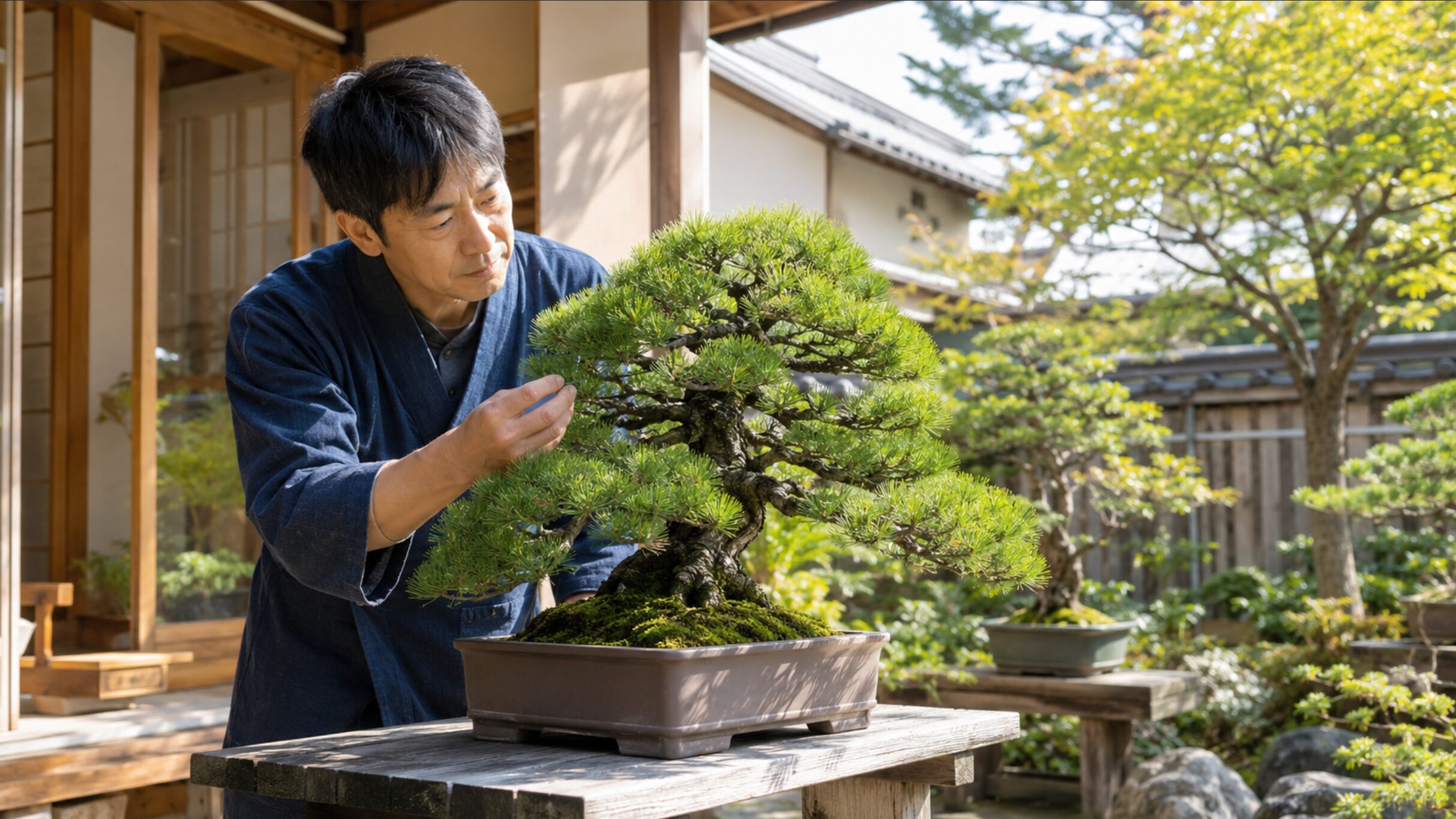 日当たりと風通しのよい屋外の棚で松盆栽を管理する日本人男性