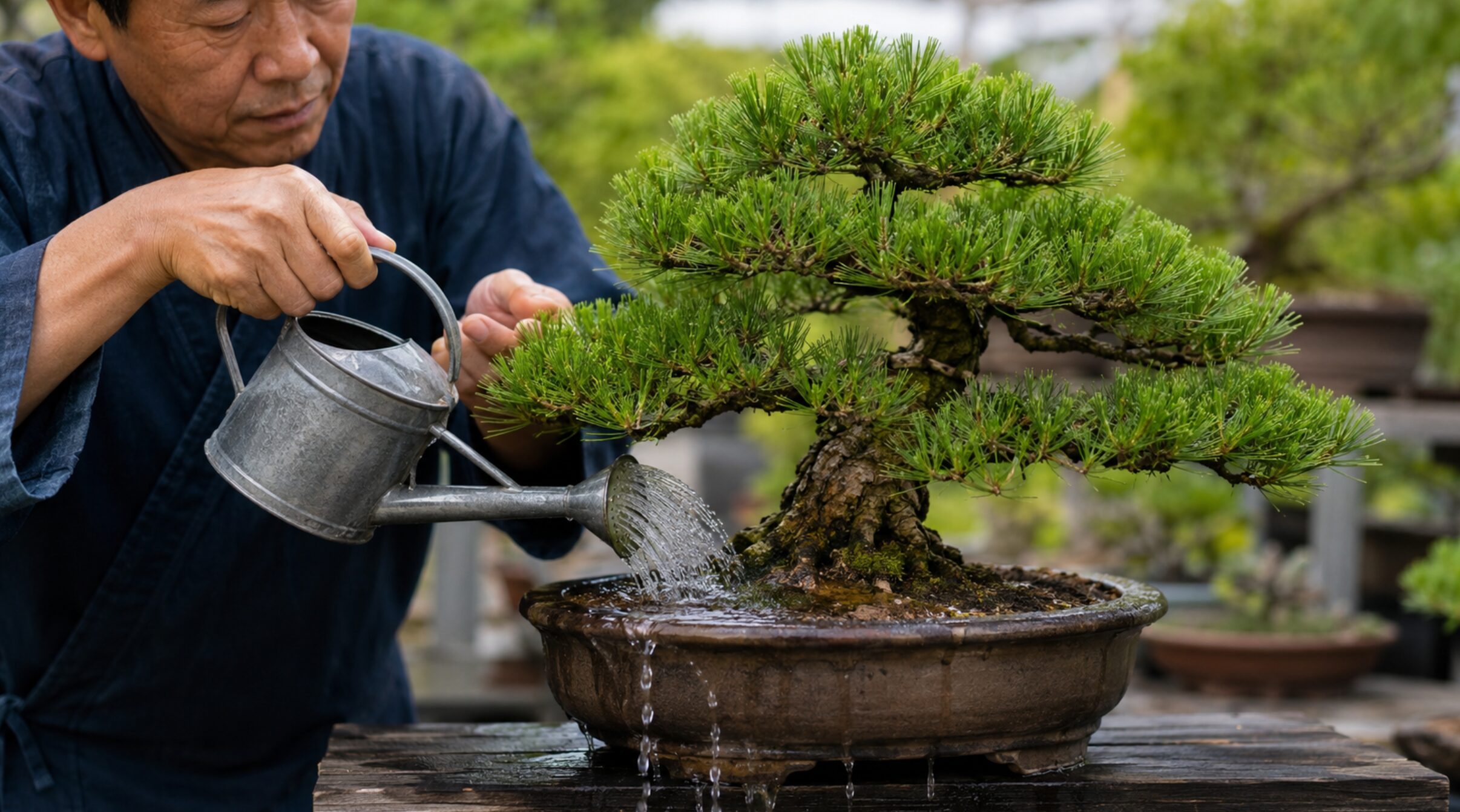 松盆栽の鉢底から水が流れ出るまでじょうろで水やりする様子
