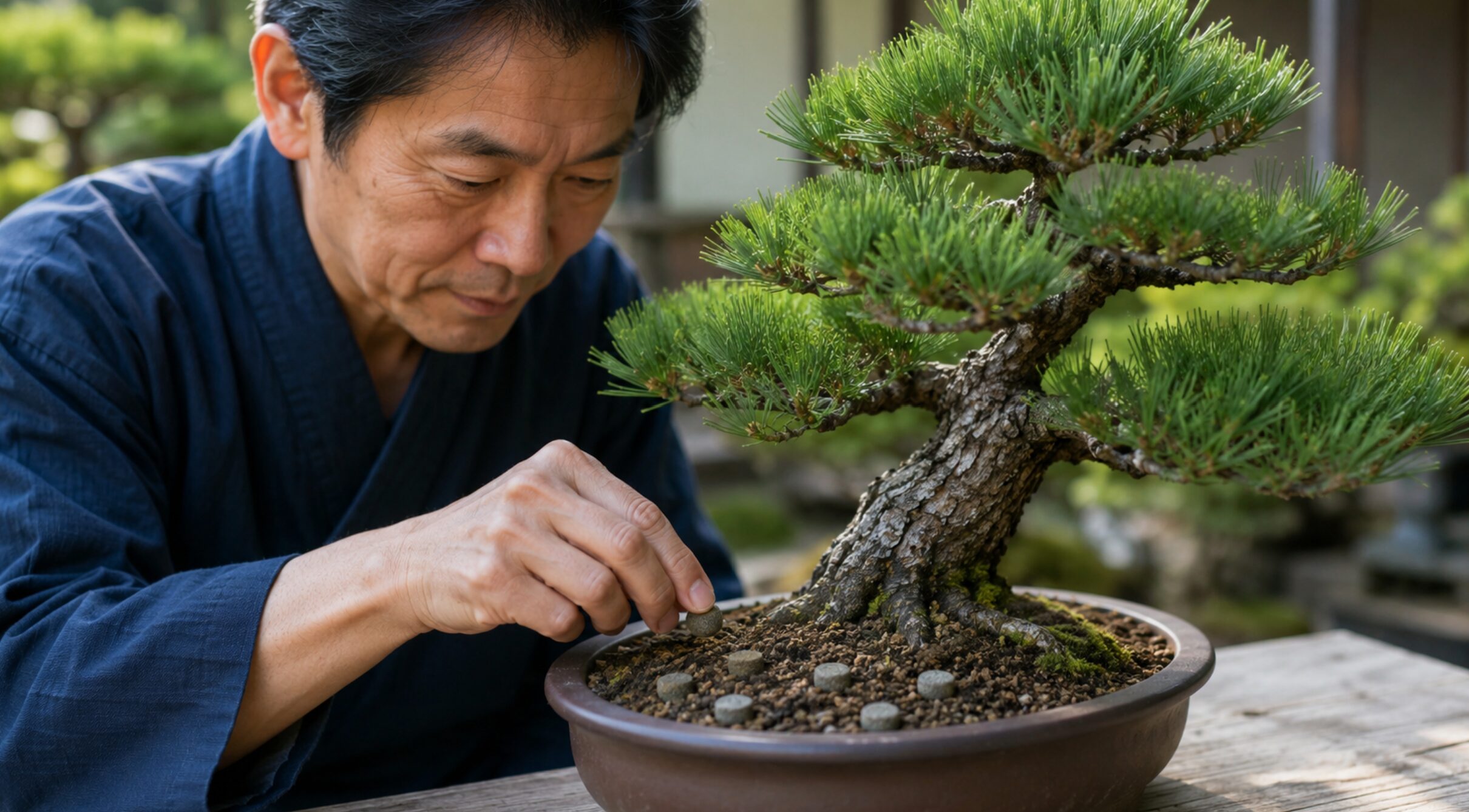 松盆栽の鉢の外周へ固形肥料を間隔を空けて置く日本人男性