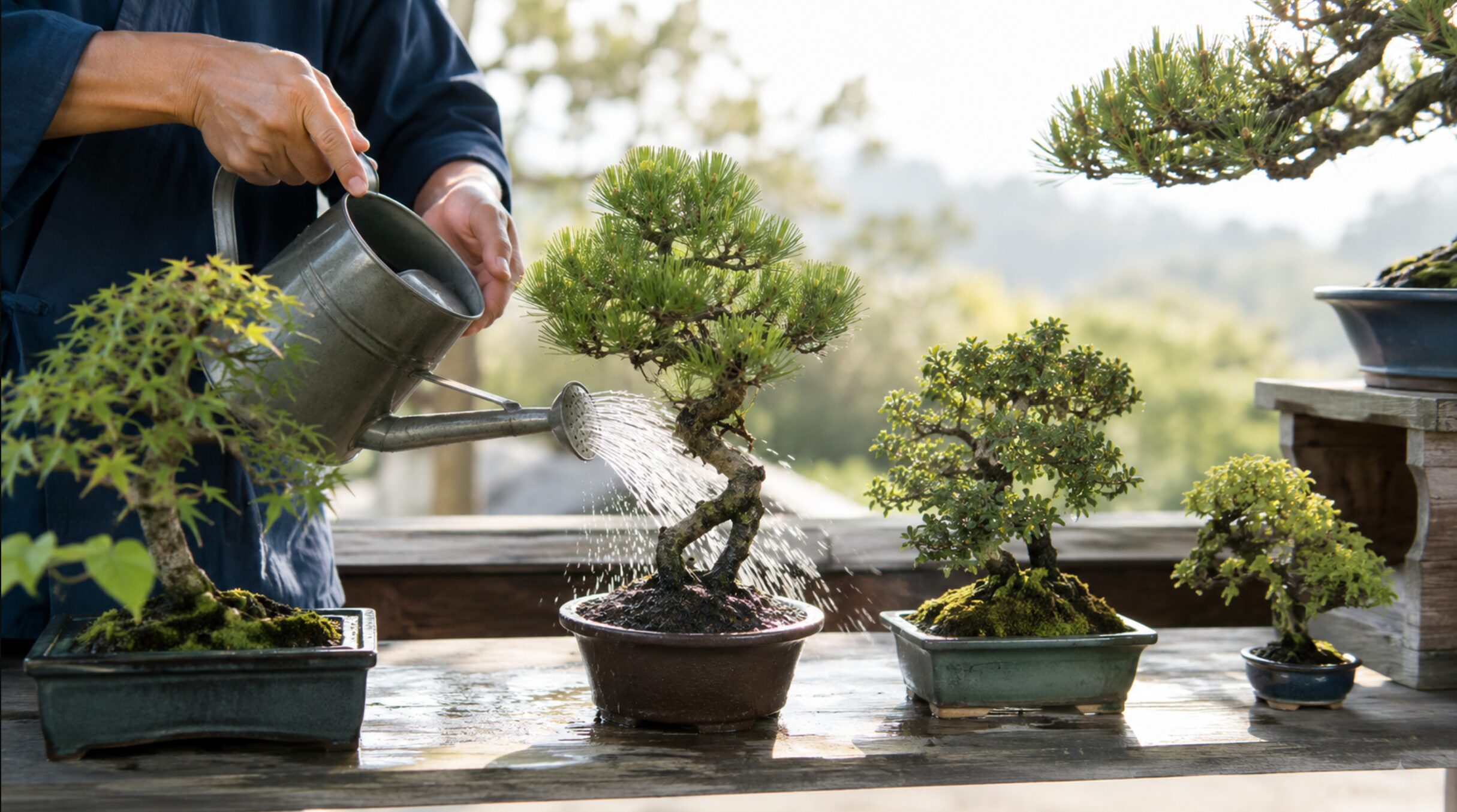 屋外の鉢植え盆栽へ細かな水流でたっぷり水やりする様子