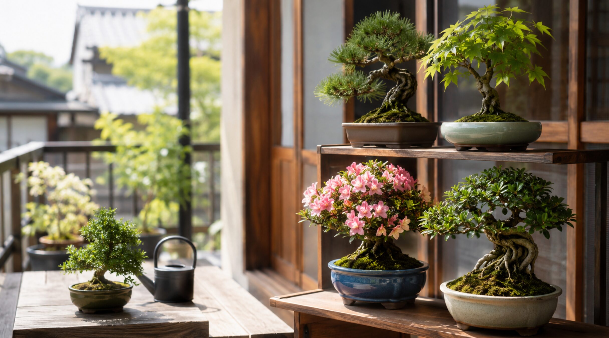 縁側の棚に並ぶ松やもみじ、サツキなどの鉢植え盆栽