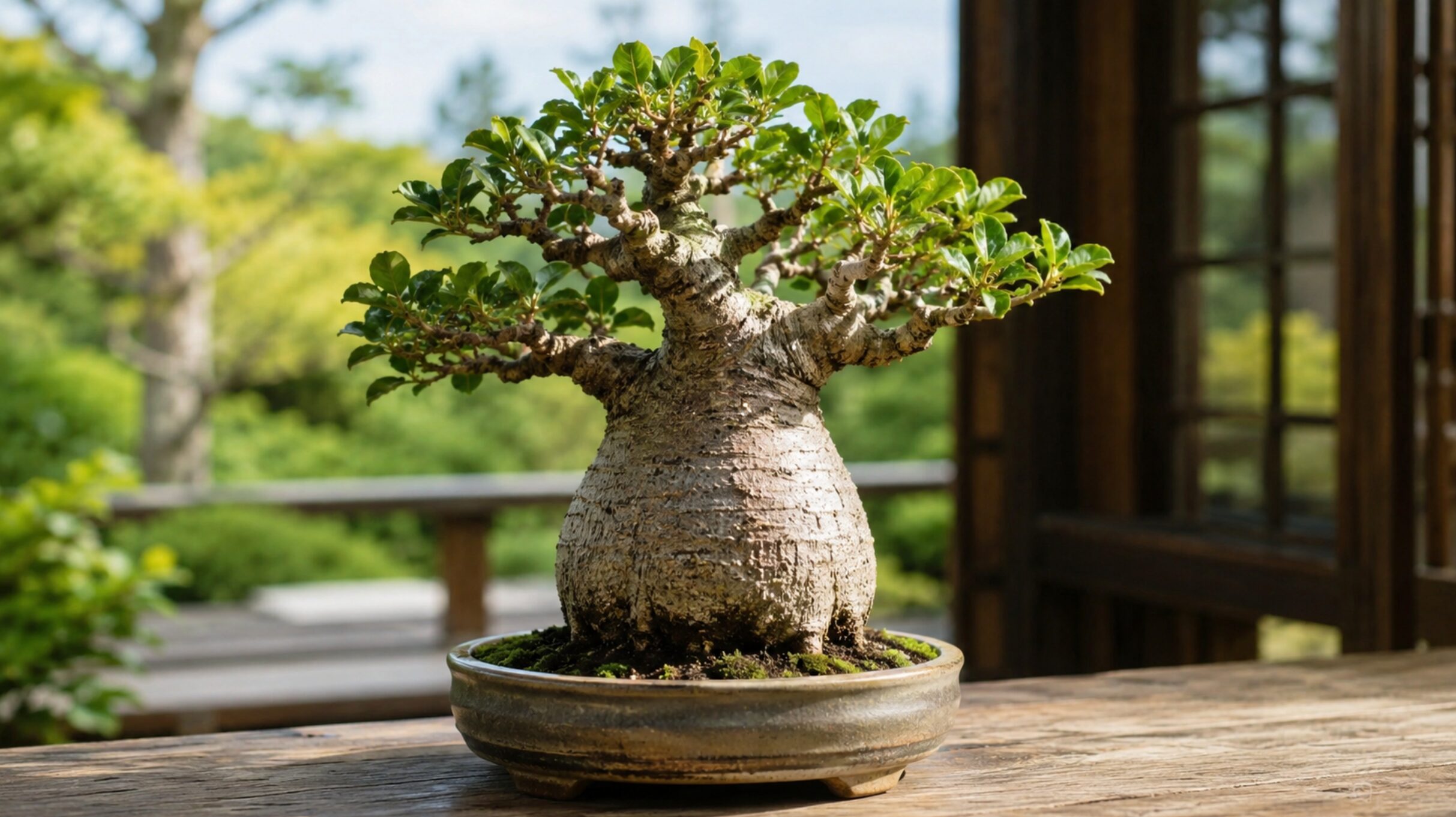 太い幹と緑の枝葉を楽しめる鉢植えのバオバブ盆栽