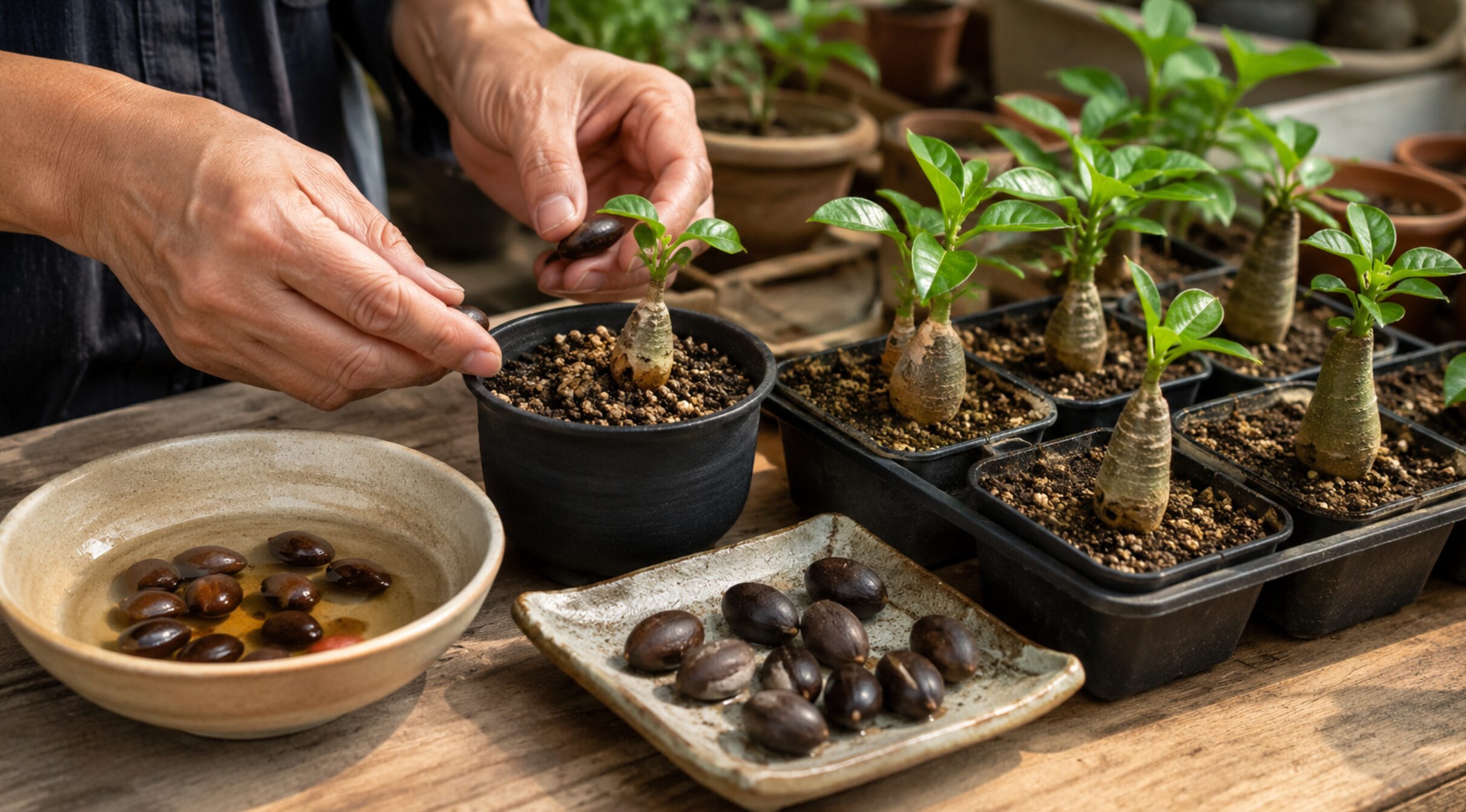 バオバブの種と発芽後の実生苗を管理する種まき作業