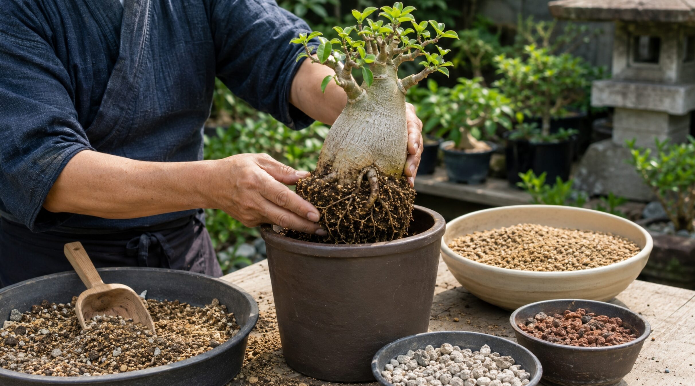 水はけのよい用土でバオバブ盆栽を深鉢へ植え替える作業