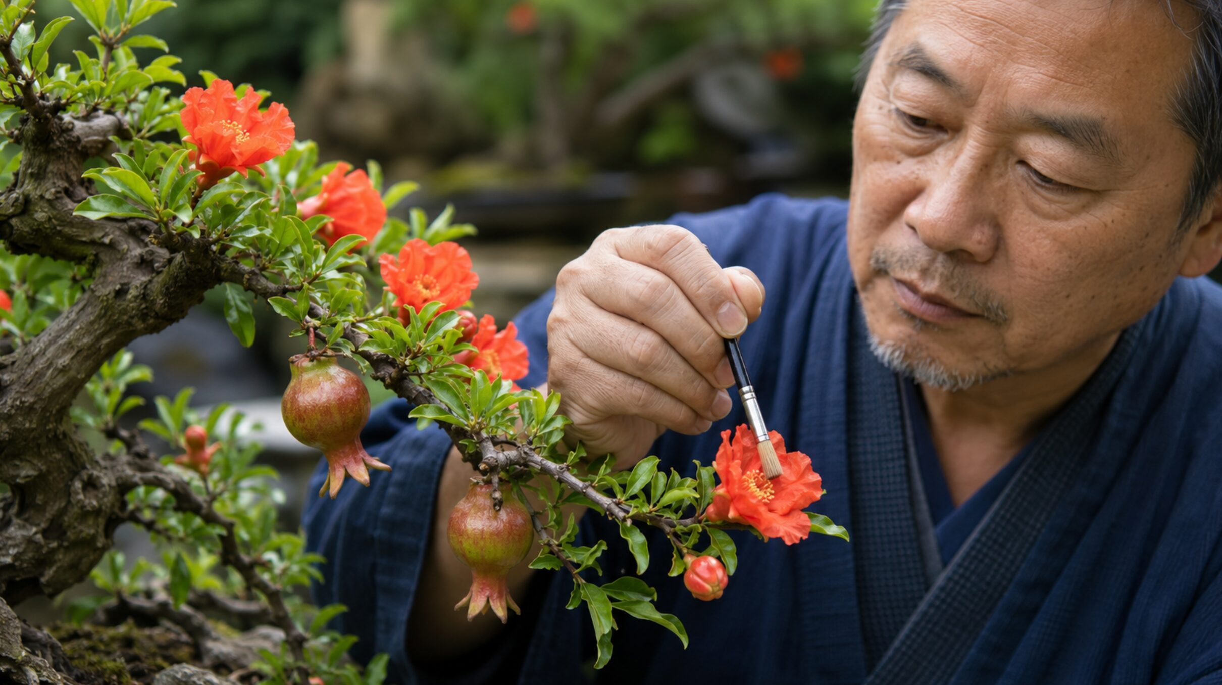 筆を使ってザクロ盆栽の花に人工授粉を行う方法