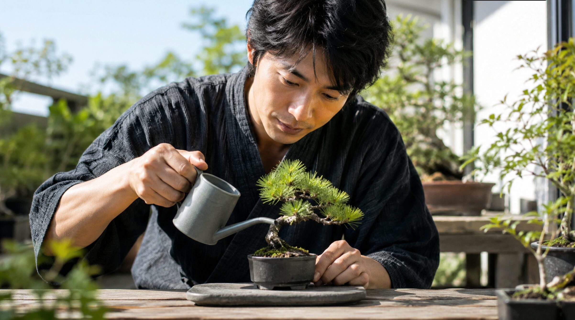 屋外で黒松の豆盆栽に丁寧に水やりをする日本人男性
