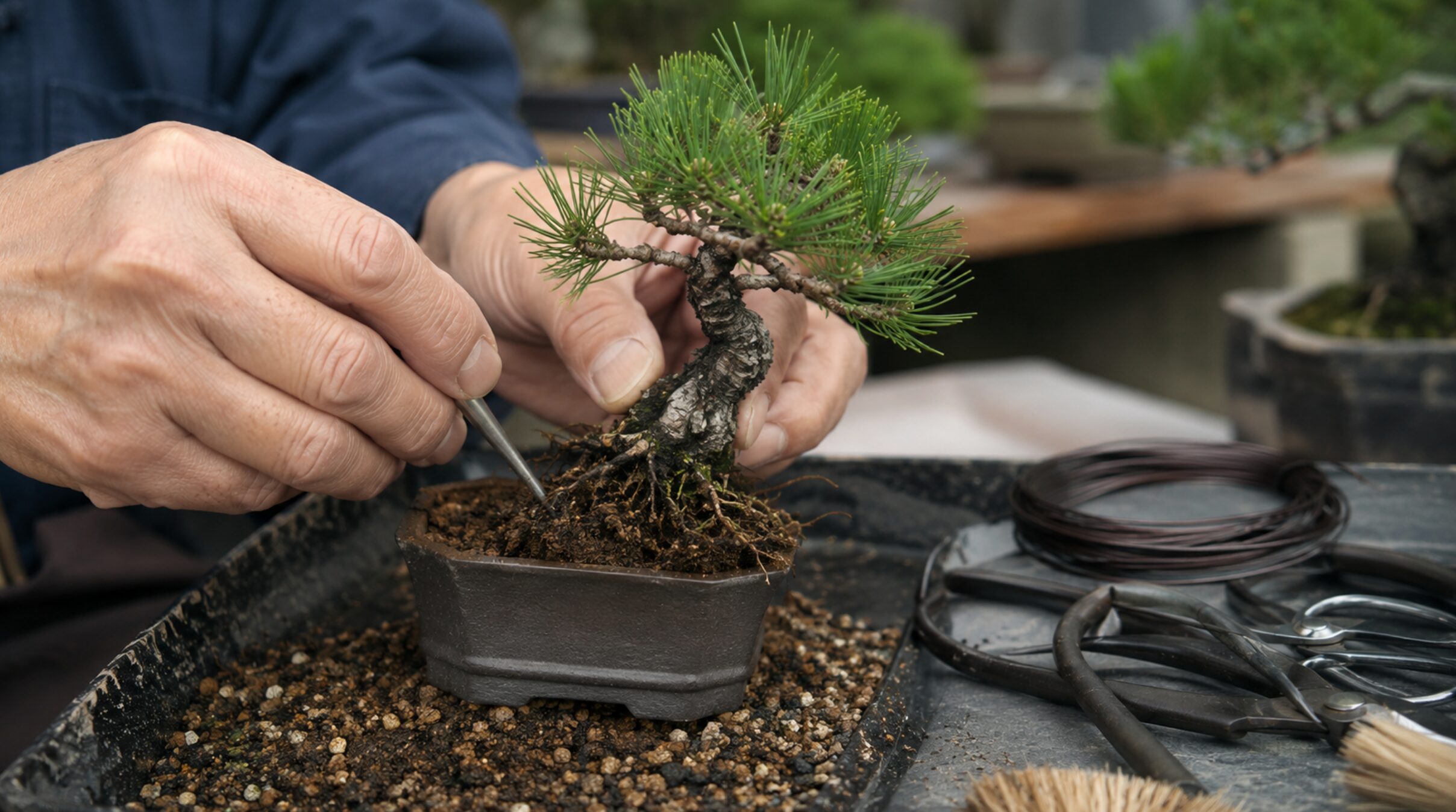 黒松豆盆栽の細根と用土を整える植え替え作業