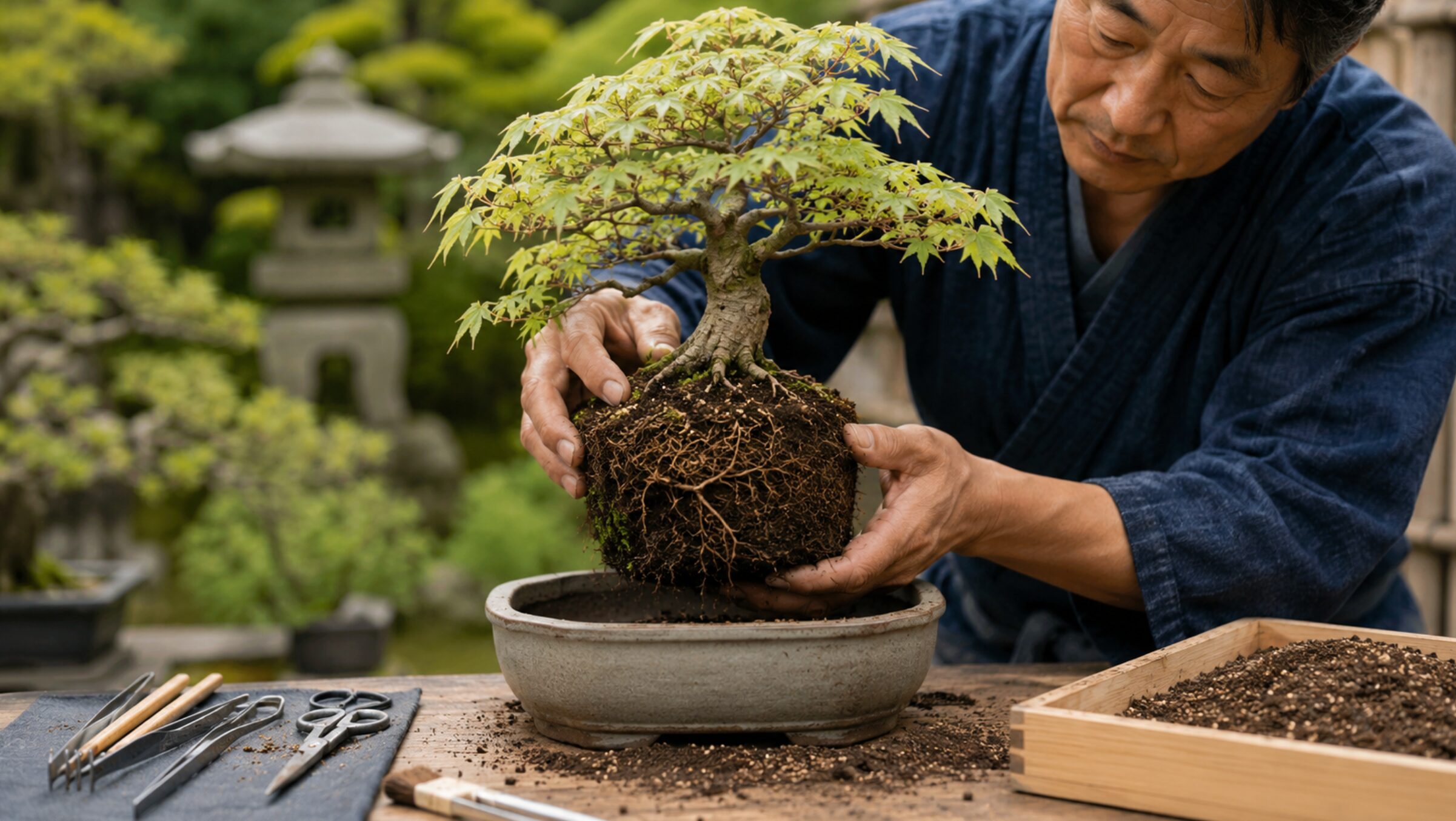 根詰まりしたもみじ盆栽の根鉢を確認する植え替え作業