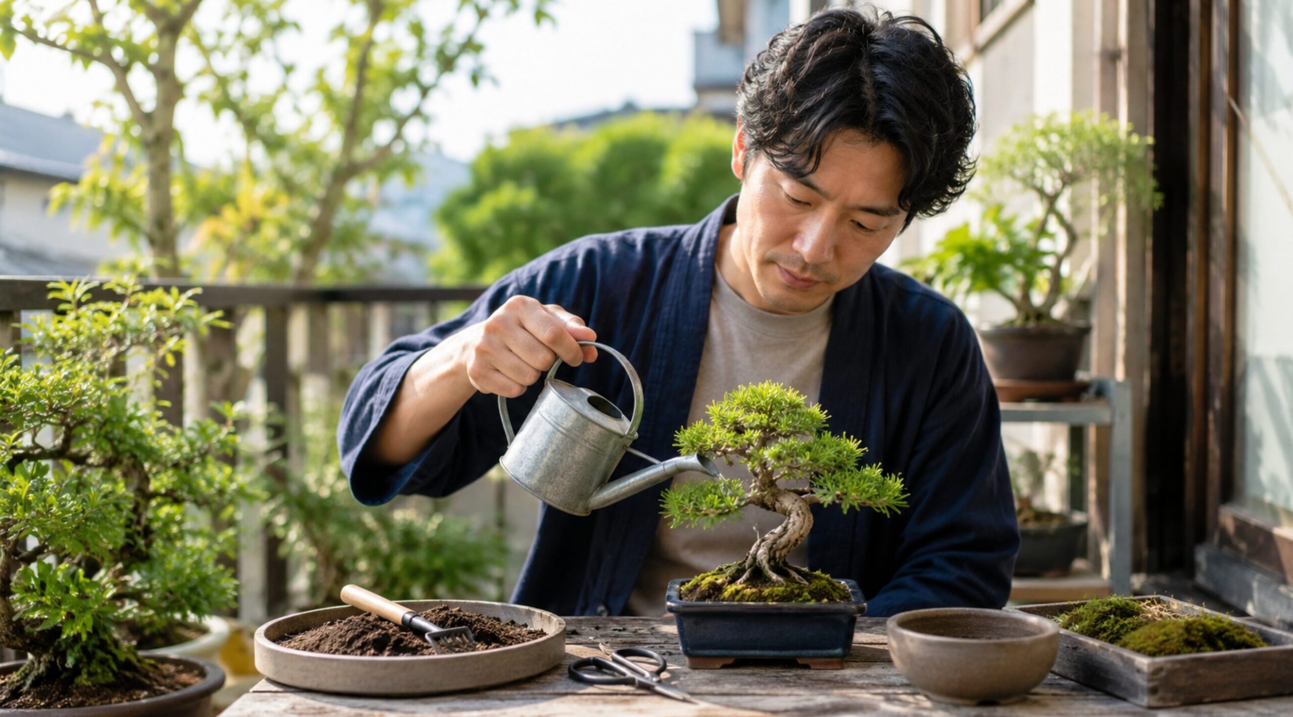 屋外のベランダでホームセンター購入後のミニ盆栽に水やりする男性
