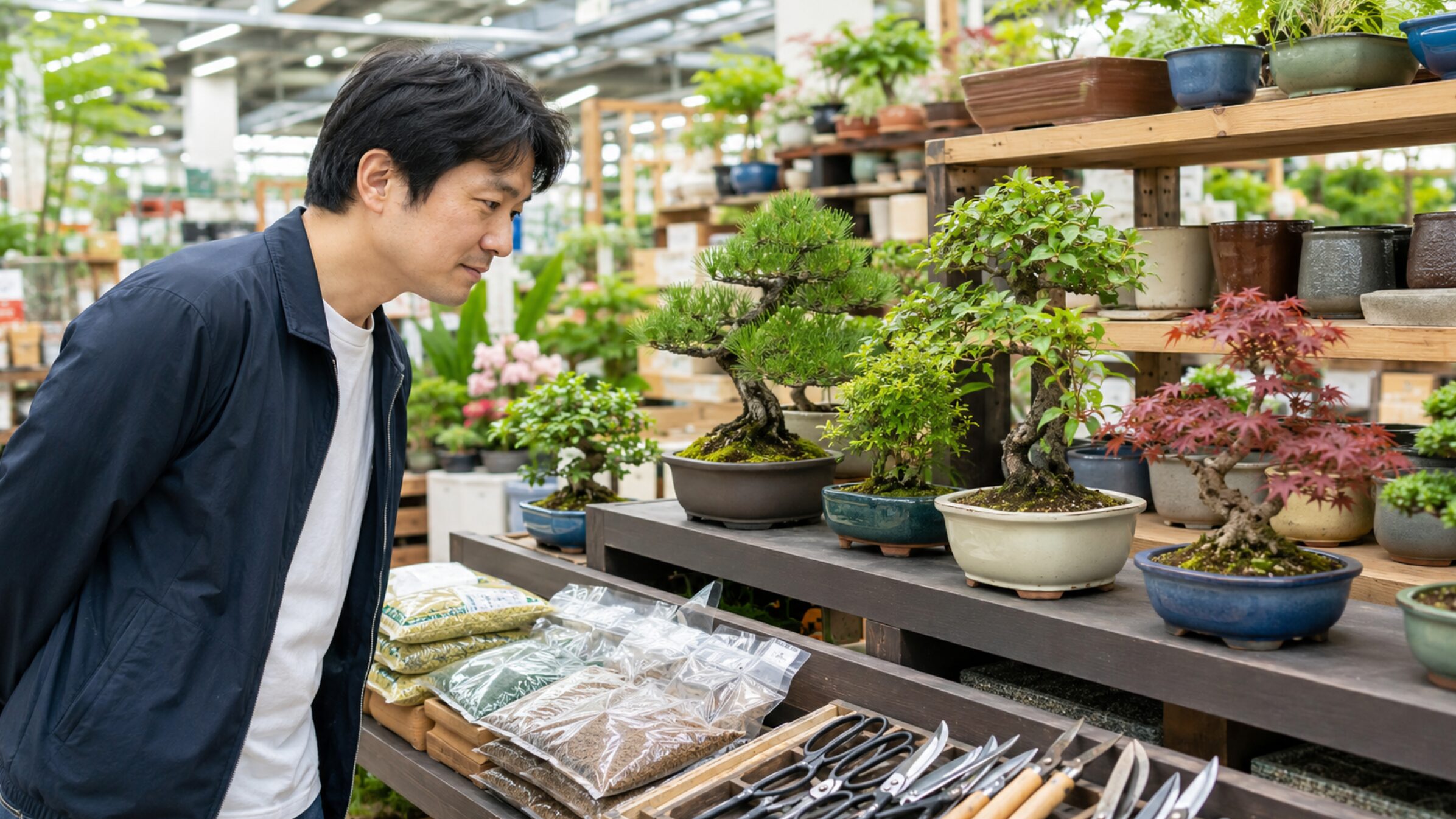 ホームセンターの園芸売場でミニ盆栽と盆栽用品を選ぶ日本人男性